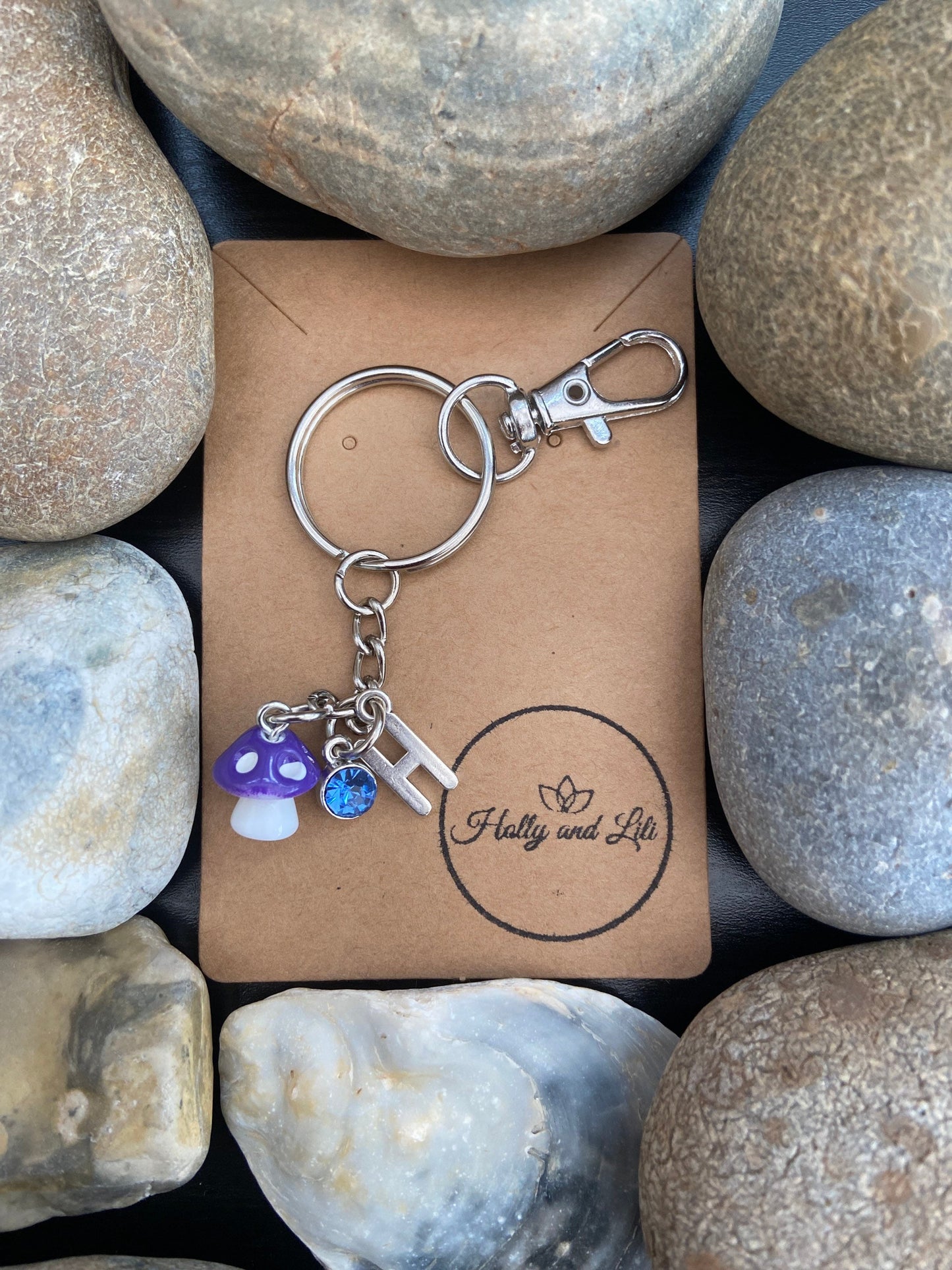 Mini Mushroom charm Purple Personalised keychain, Shroom Keyring ,Alphabetical Initial, Birthstone Charms, Toadstool Zipper Chain, Mushrooms