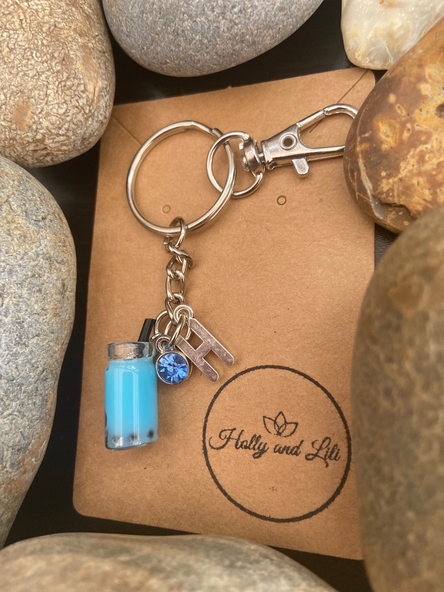 Bubble Tea Dark Blue Personalised Keychain, Boba Tea Keyring, Alphabet Initials, Birthstone Charm, Milk Tea Zipper Chain, Cute Gifts For BFF