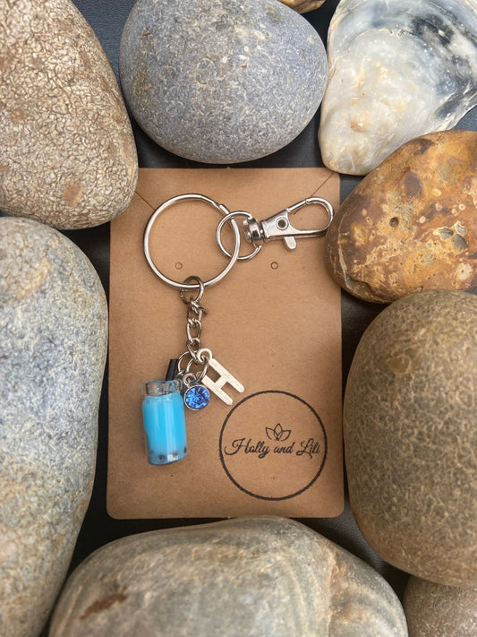 Bubble Tea Dark Blue Personalised Keychain, Boba Tea Keyring, Alphabet Initials, Birthstone Charm, Milk Tea Zipper Chain, Cute Gifts For BFF