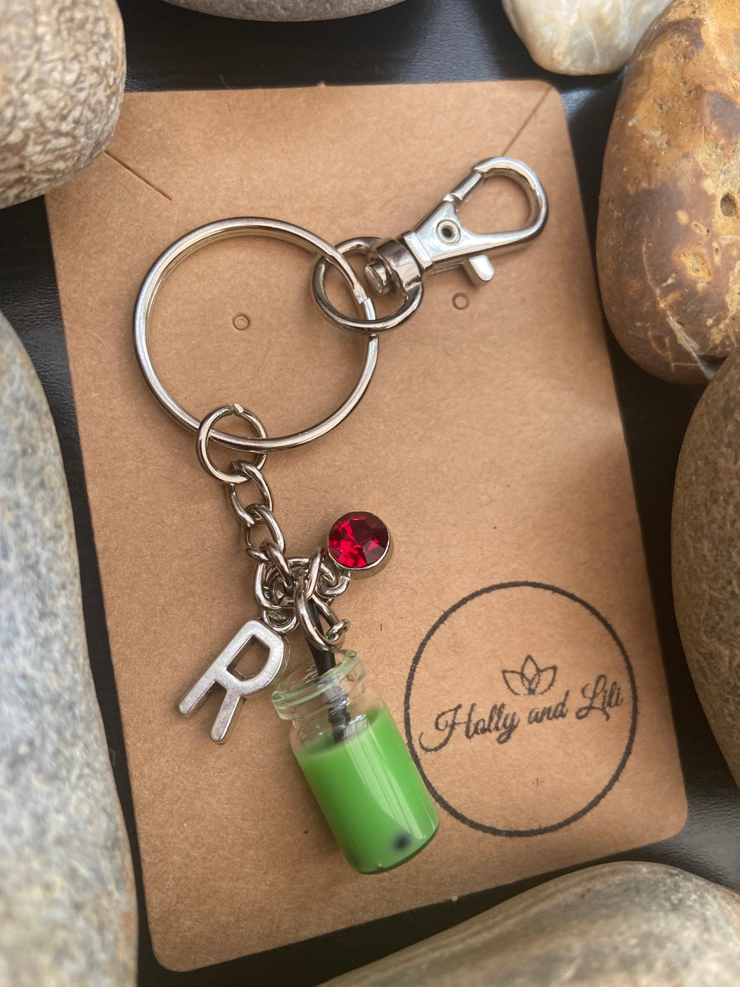 Bubble Tea Dark green Personalised Keychain, Boba Tea Keyring, Bubble Keychains, Alphabet Initials, Birthstone Charm, Zipper Chain Gifts