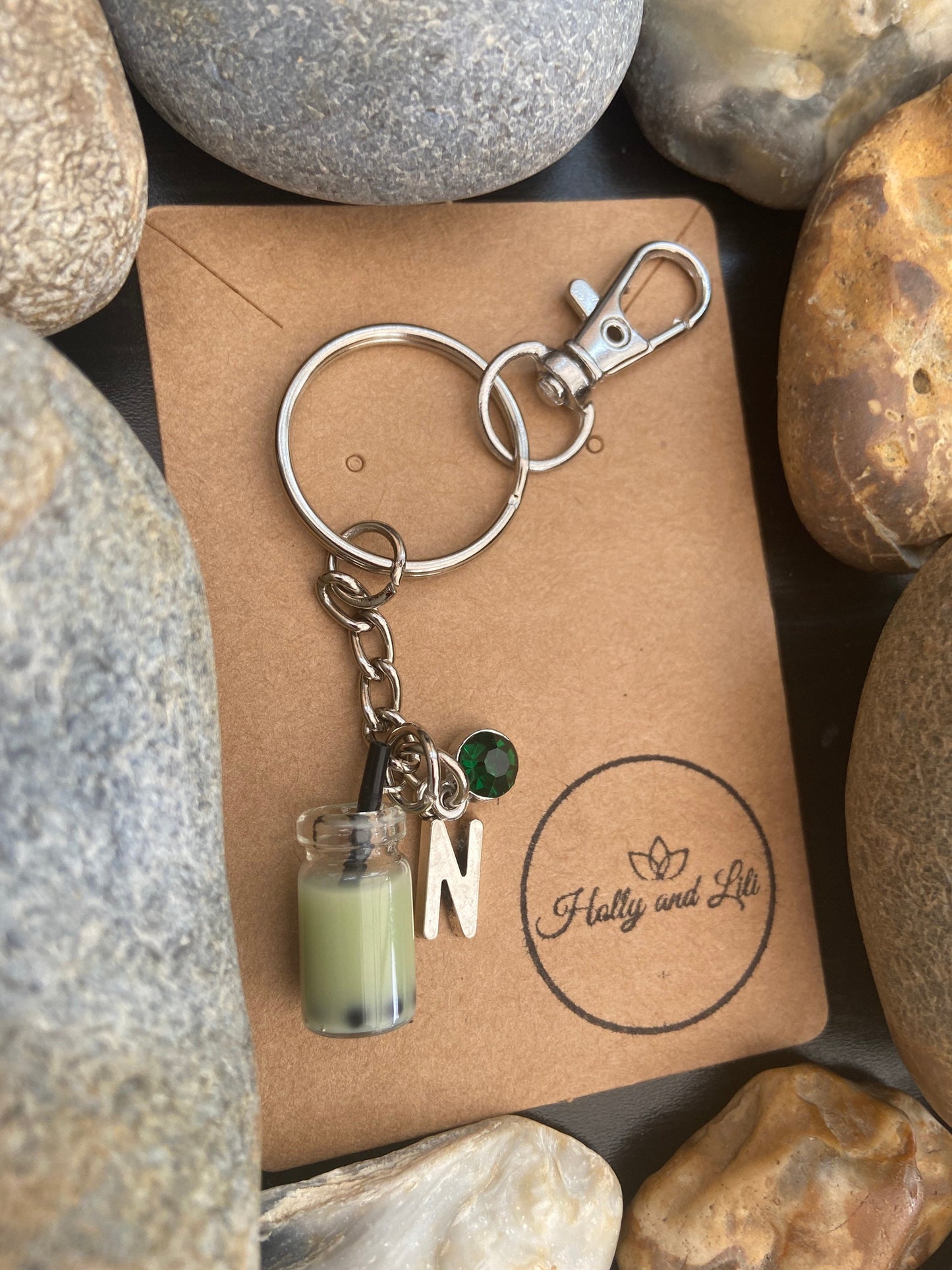 Bubble Tea Light Green, Boba Personalised Keychain, Keyring Alphabet Initials, Birthstone Charm, Cute, Personalise Gift For Her Zipper Chain