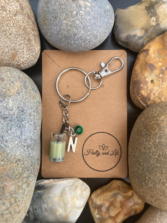 Bubble Tea Light Green, Boba Personalised Keychain, Keyring Alphabet Initials, Birthstone Charm, Cute, Personalise Gift For Her Zipper Chain