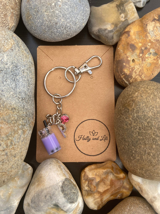 Bubble Tea Purple Personalised Keychain, Boba Keyring, Alphabet Initials, Birthstone Charm, Zipper Chain, First Keychain, Cute,  BFF Gifts