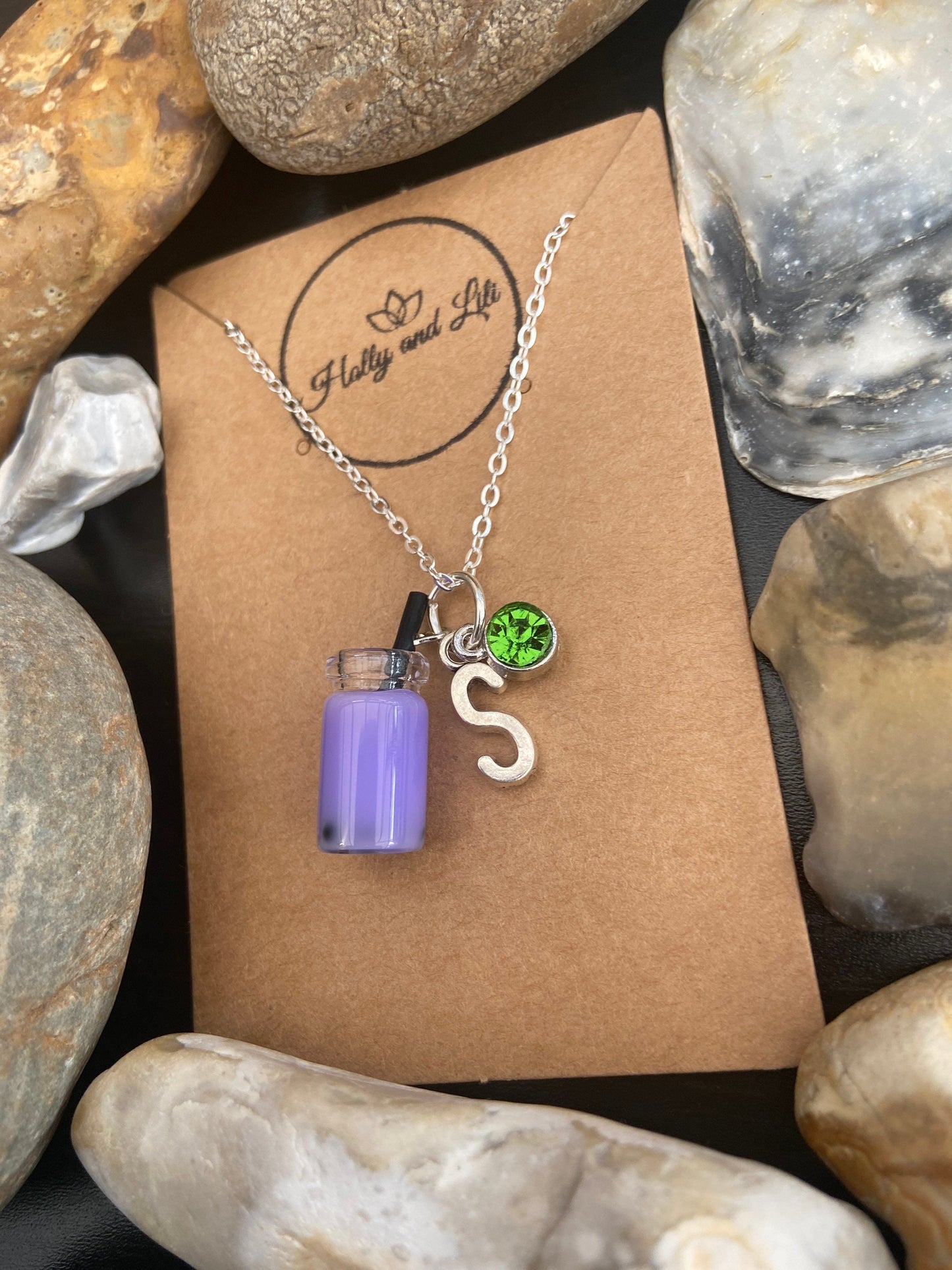 Bubble Tea Boba Purple Personalised Pendant Charm Necklace, Alphabet Initials,  Birthstone Charm,  Boba Milk Tea , Purple Chain, Cute Gifts