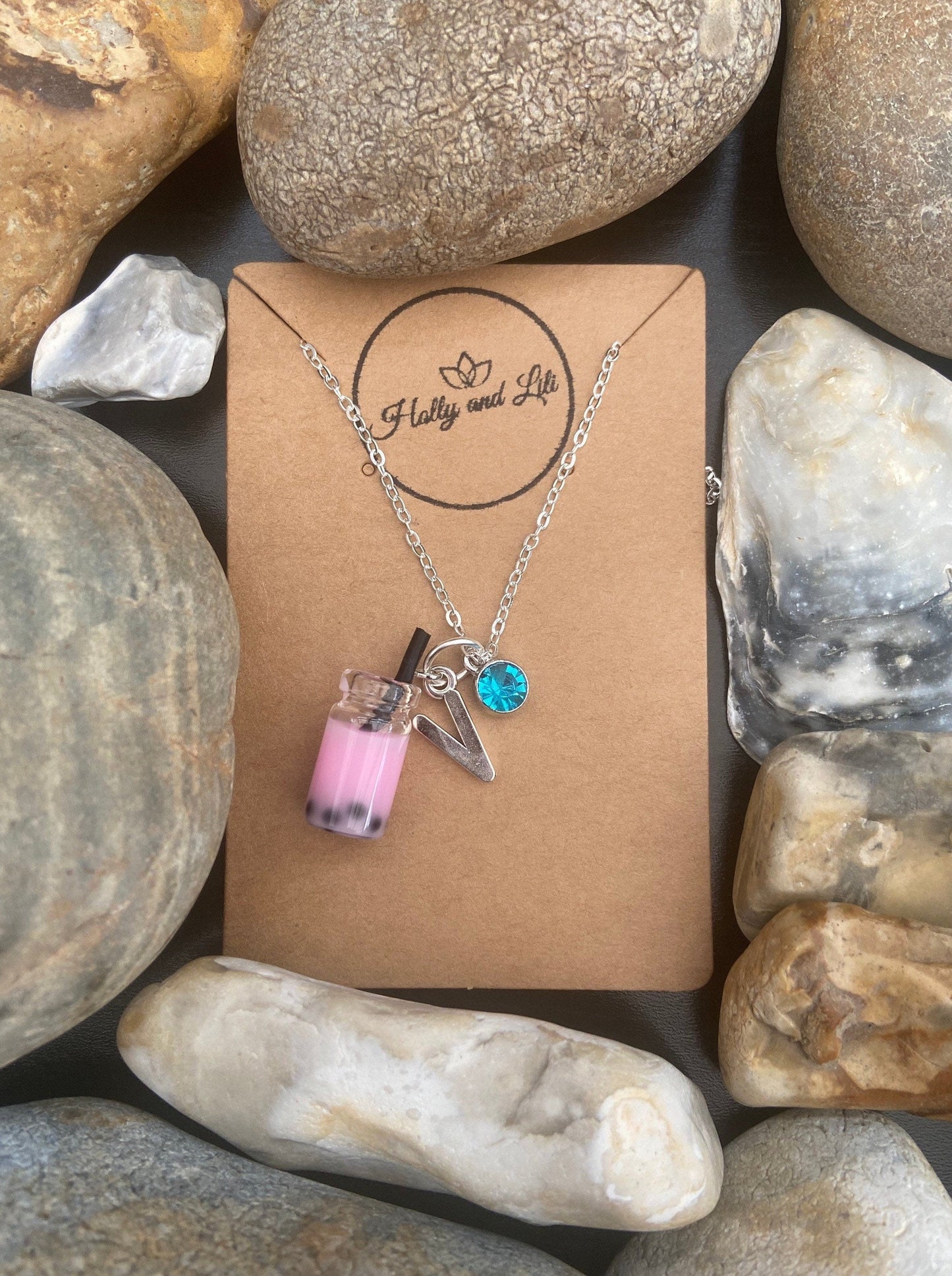 Bubble Tea Boba, Light Pink, Personalised Pendant Charm Necklace, Alphabet Initials, Birthstone Charm, First Necklace, Cute Gift For Her,