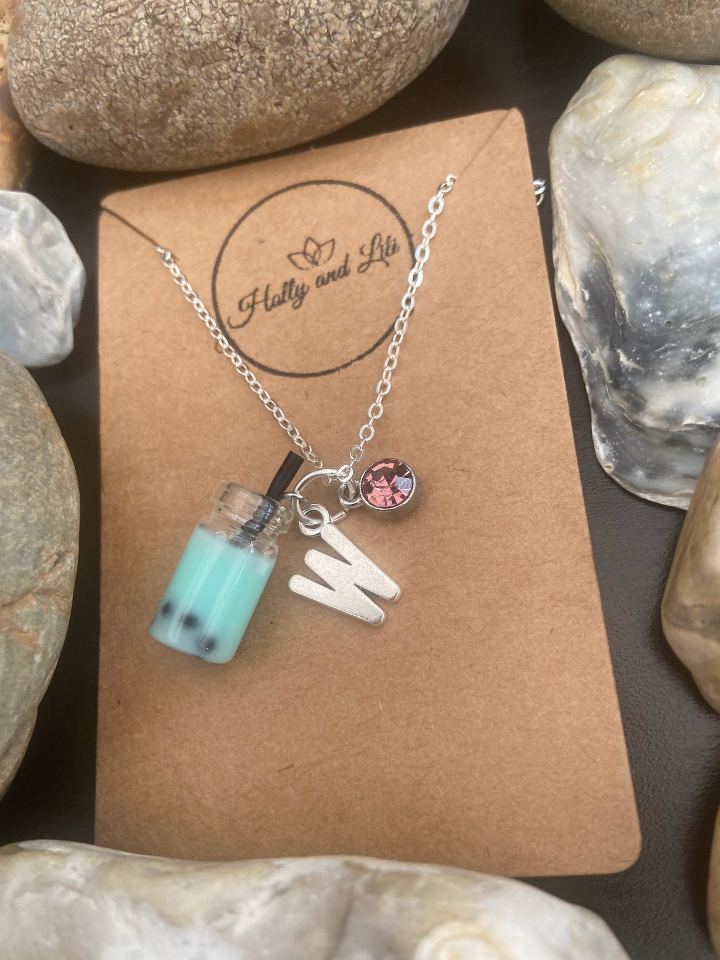 Bubble Tea Boba Light Blue Personalised Pendant Charm Necklace, Alphabet Initials, Birthstone Charm, Blue Novelty Boba Milkshake, Gifts for