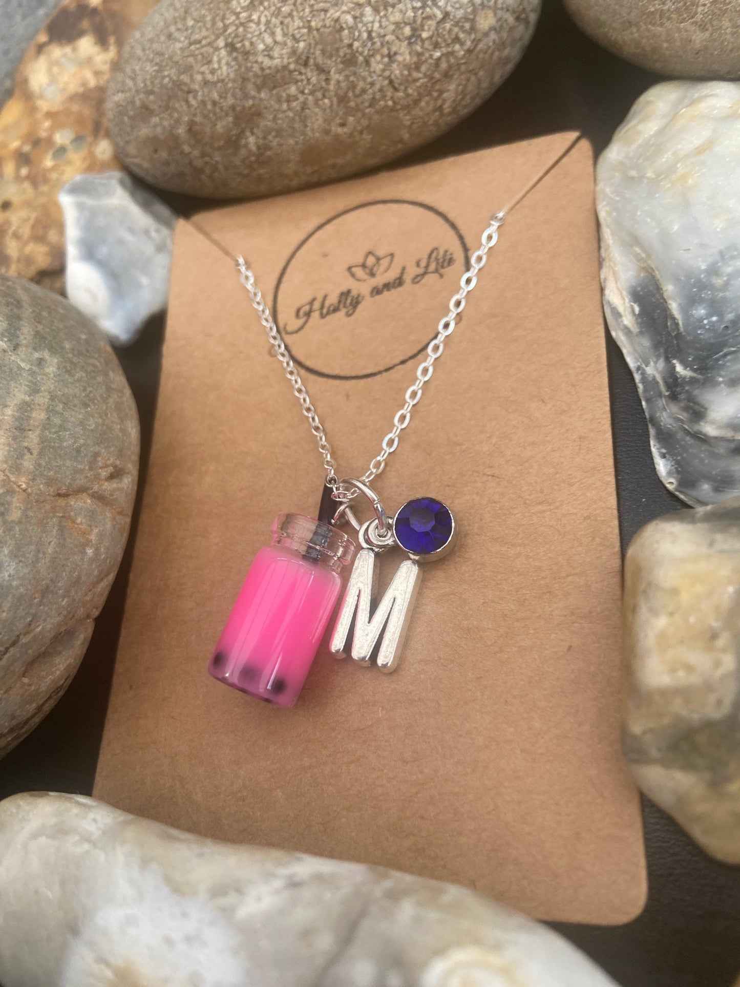 Bubble Tea Boba Dark Pink Personalised Pendant Charm Necklace, Alphabet Initials, Birthstone Charm, Pink Boba Milk Tea , Cute Gift For Her