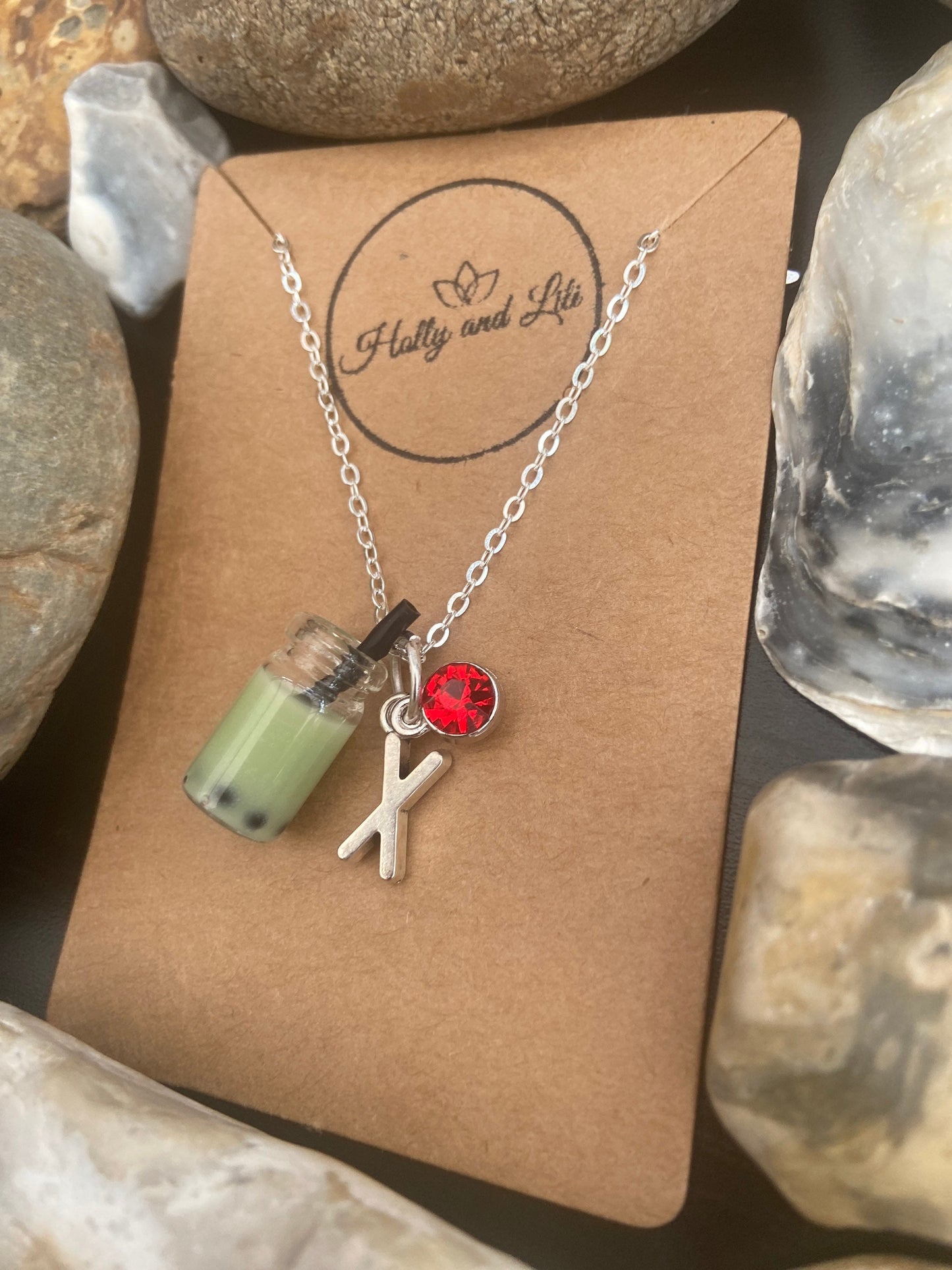 Bubble Tea Boba Light Green Personalised Pendant Charm Necklace, Alphabet Initials, Birthstone Charm, First Necklace, Gift For Her, Cute