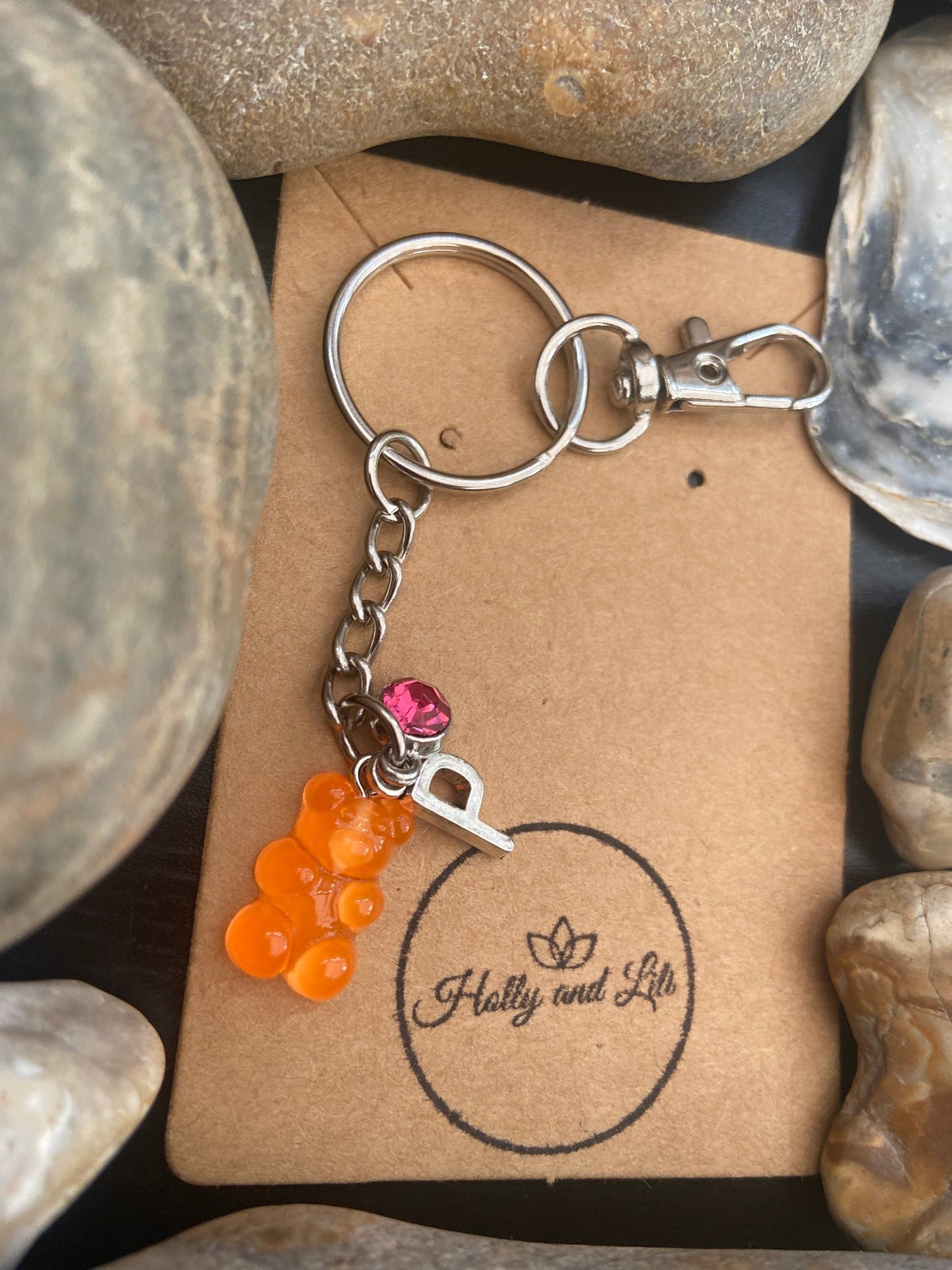 Orange Gummy Bear Personalised Keychain, Teddy Keyring, Initial Keychains, Alphabet Initials, Birthstone Charm, Bear Novelty Zipper Chains