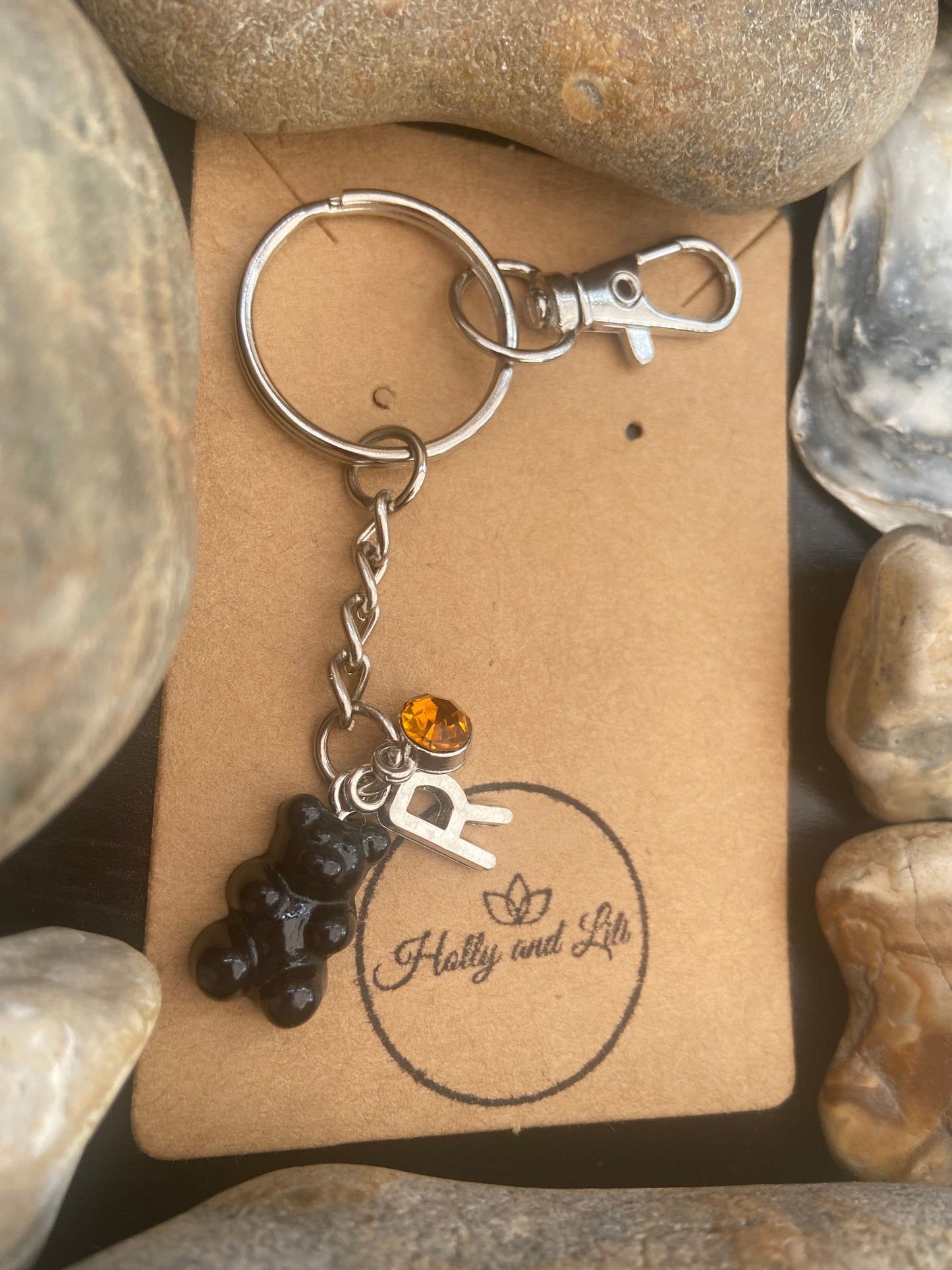 Gummy Bear Black Personalised Keychain, Teddy Bear Keyring, Alphabet Initials, Birthstone Charm, Gummy Zipper chain, Gummy Bear Keyrings