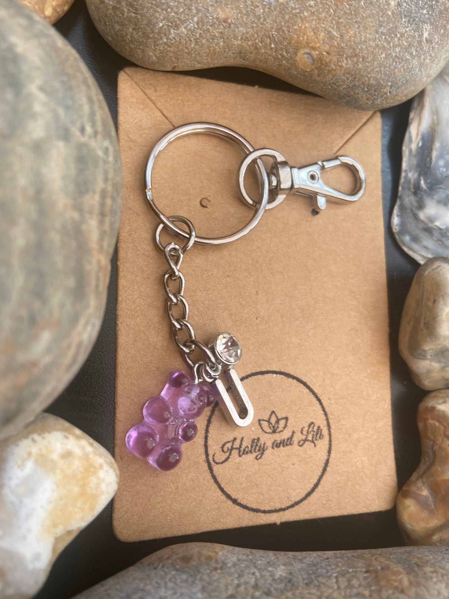 Gummy Bear Purple Style Personalised Keychain, Teddy Bear Keyring, Bear Alphabet Initials, Birthstone Charm, Bear Gifts, Gummy Zipper Chain