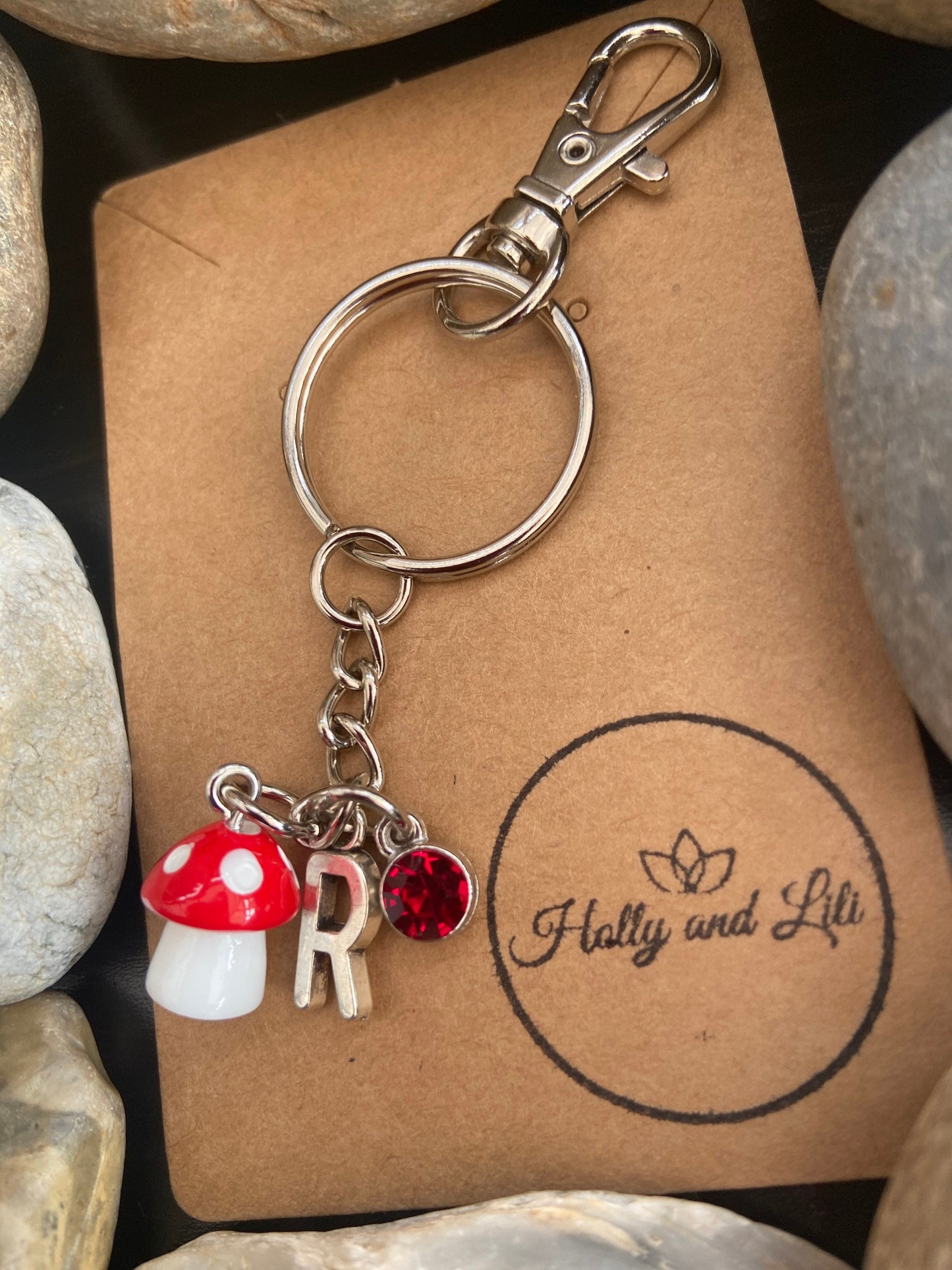 Mini Mushroom Red Personalised keychain, Shroom Keyring, Mushy Gifts, Toadstool Novelty Key-ring, Alphabetical Initial, Birthstone Charm