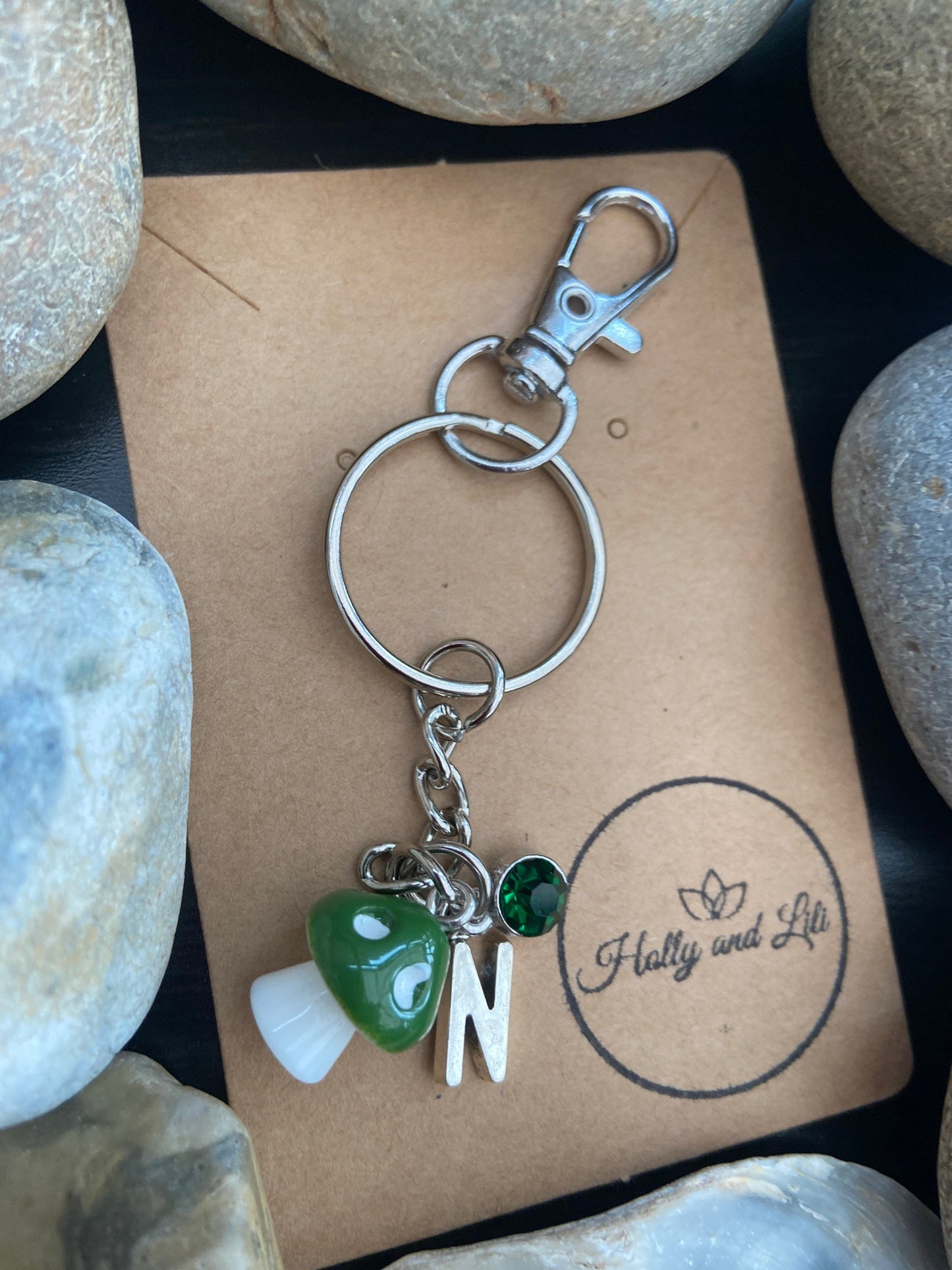 Green Mushroom charm Personalised keychain Keyring With Hook Clasp - Alphabetical Initial & Birthstone Charms From Holly And Lili