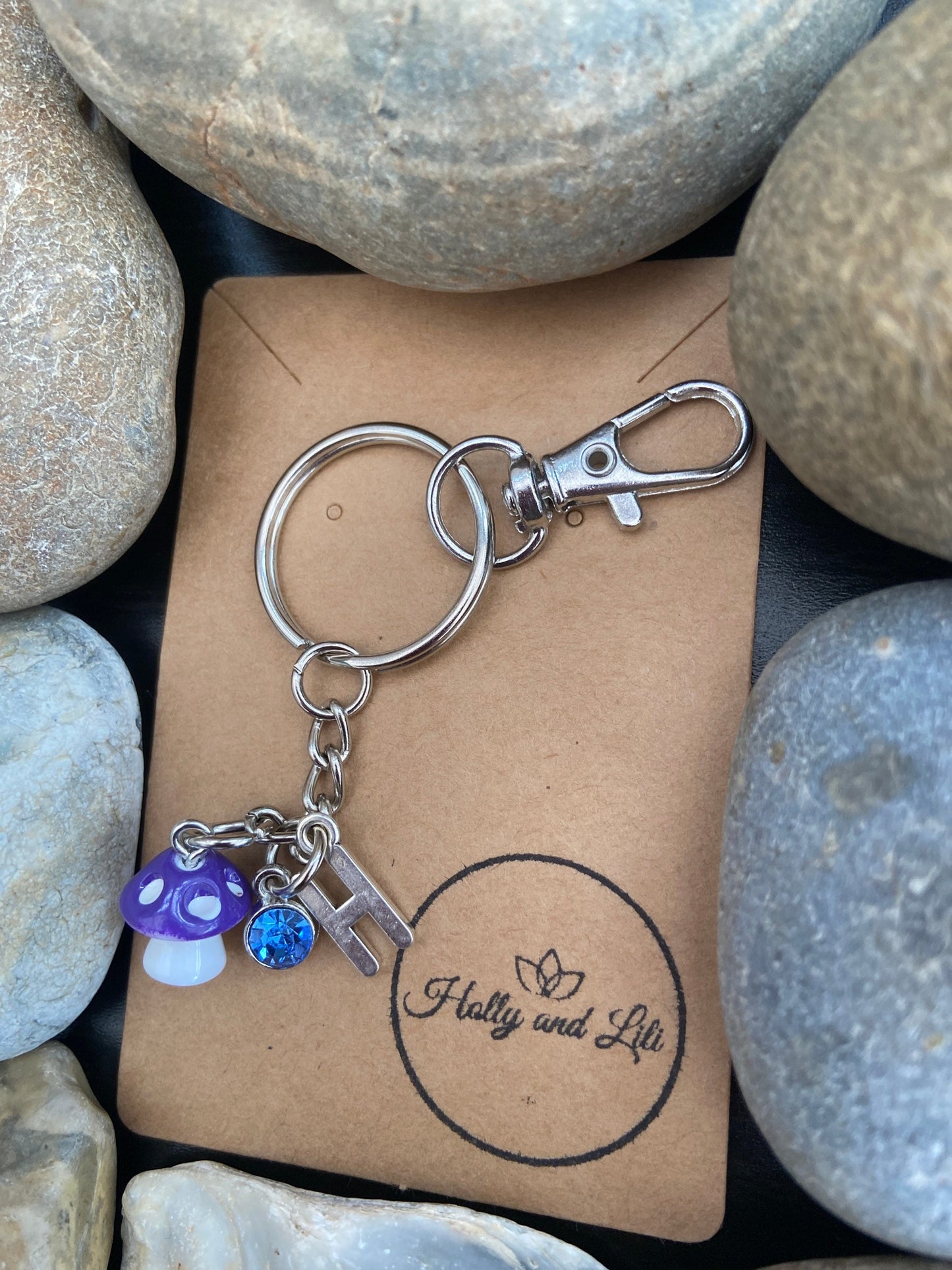 Mini Mushroom charm Purple Personalised keychain, Shroom Keyring ,Alphabetical Initial, Birthstone Charms, Toadstool Zipper Chain, Mushrooms