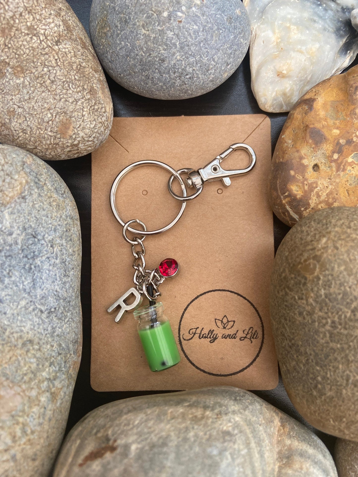 Bubble Tea Dark green Personalised Keychain, Boba Tea Keyring, Bubble Keychains, Alphabet Initials, Birthstone Charm, Zipper Chain Gifts