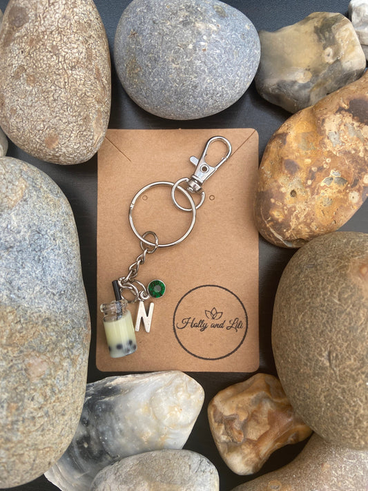 Bubble Tea Cream Personalised Keychain, Boba Novelty Keyring, Alphabet Initials, Birthstone Charm, Cute Bubble Milk Tea Zipper Chain For BFF