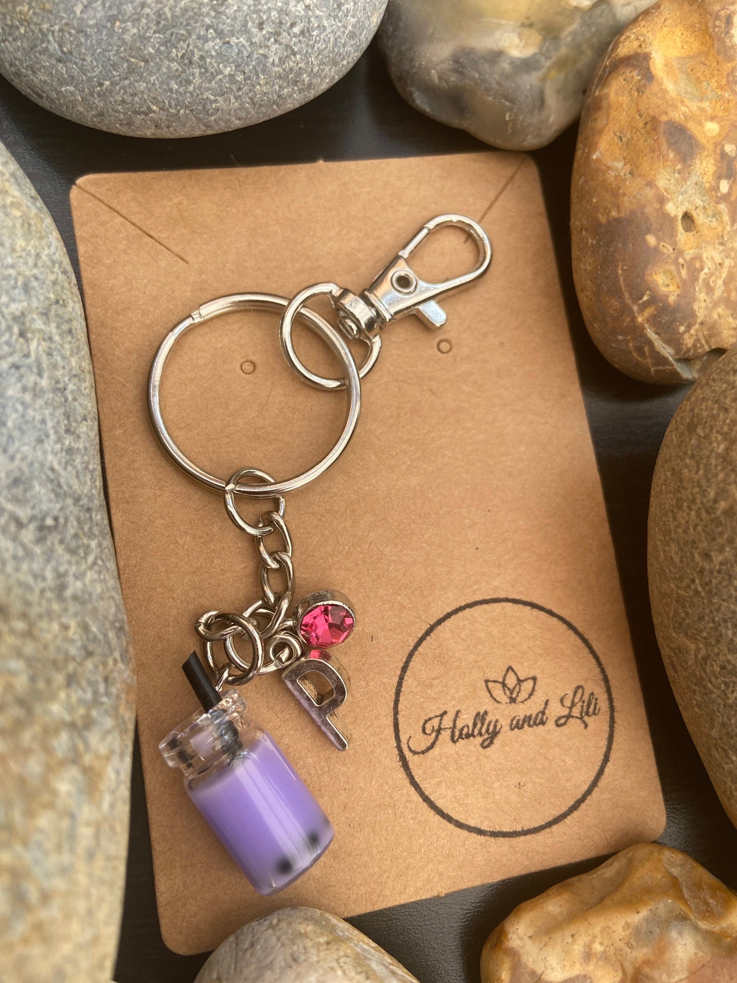 Bubble Tea Purple Personalised Keychain, Boba Keyring, Alphabet Initials, Birthstone Charm, Zipper Chain, First Keychain, Cute,  BFF Gifts