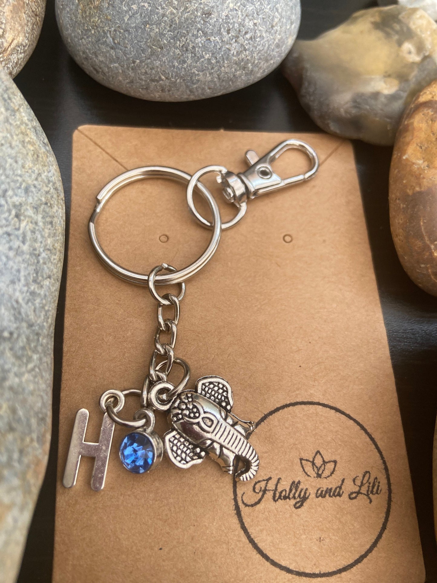 Elephant Keyring, Elephant Gift, Elephant Charm, Elephant Keychain, Elephant Zipper Chains, Personalised Initial, Cute Birthstone Charm Gift