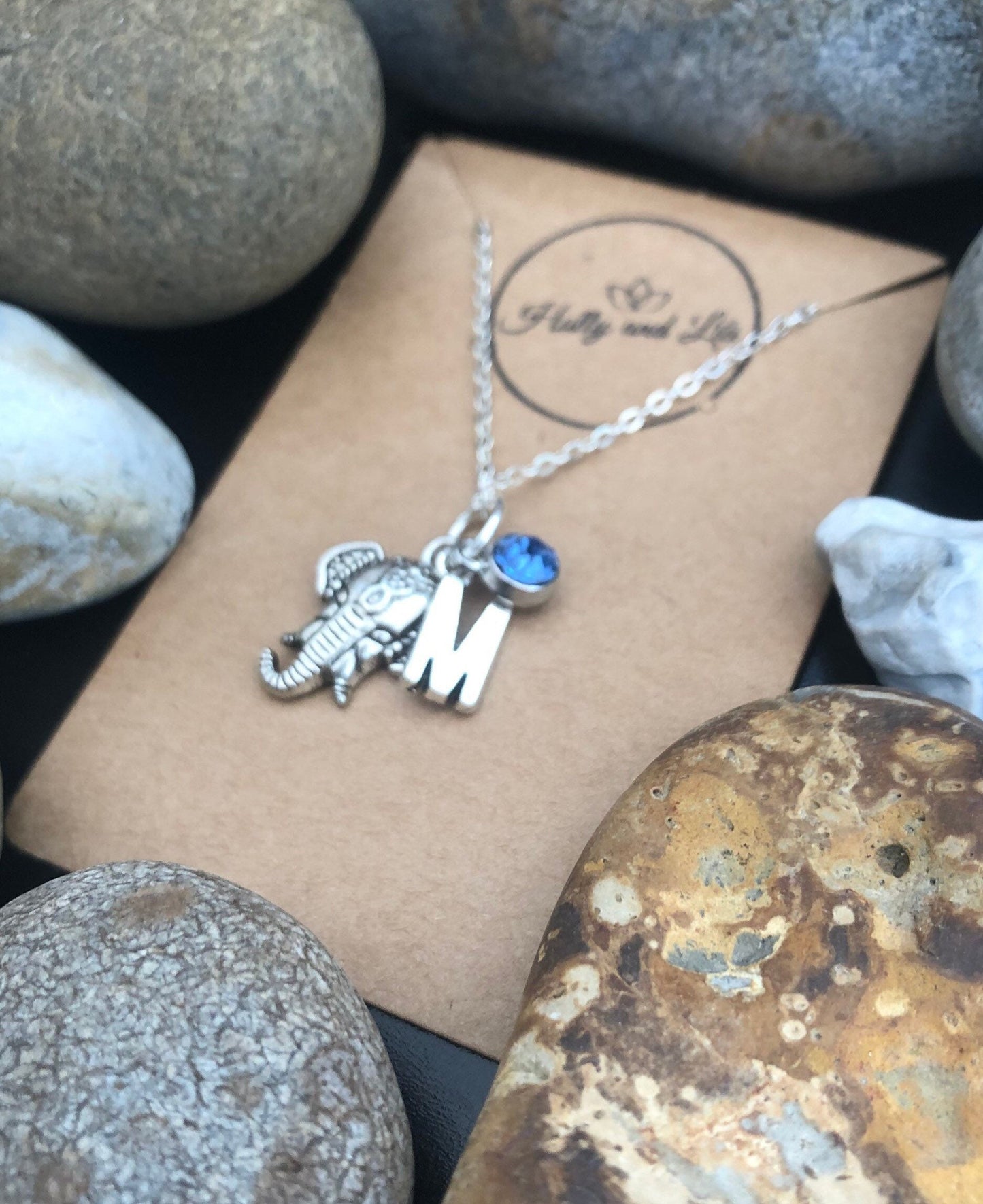 Elephant Personalised Pendant Lucky Charm Necklace, Alphabet Initials, Birthstone Charm, Safari, Large Elephant, Dumbo, Cute, Strength Chain