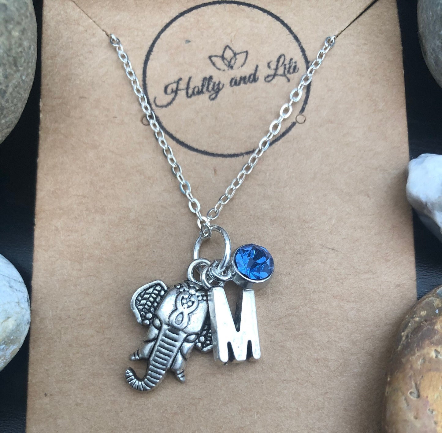 Elephant Personalised Pendant Lucky Charm Necklace, Alphabet Initials, Birthstone Charm, Safari, Large Elephant, Dumbo, Cute, Strength Chain