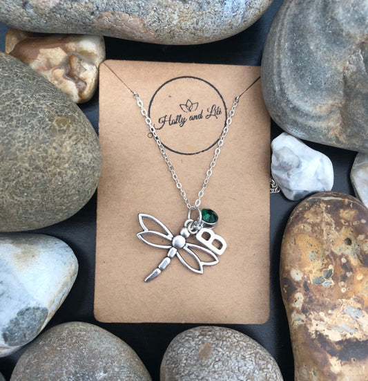 Dragonfly Personalised Pendant Charm Necklace, Alphabet Initials, Birthstone Charm, Flying Insects, Fly, Dragon, Large Insects, Unique Gifts