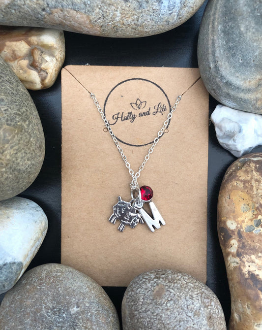 Sheep Personalised Pendant Lamb Charm Necklace, Alphabet Initials, Birthstone Charm, Lambs, Ram, Woolly, First Necklace, Animal Chain, Cute