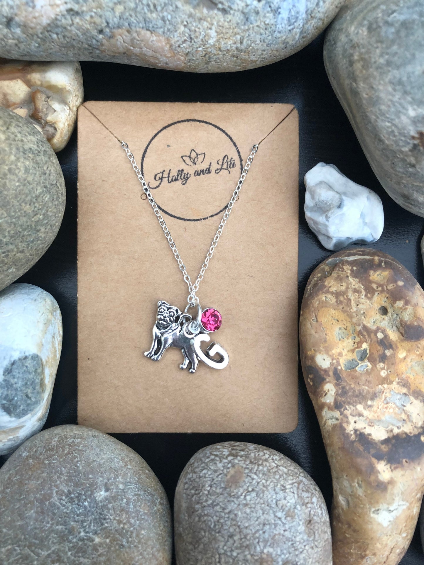 Pug Personalised Pendant Dog Charm Necklace, Alphabet Initials,  Birthstone Charm, Dogs, BBF, Pet Lover, Dog Lovers, Canine Cute Unique Gift