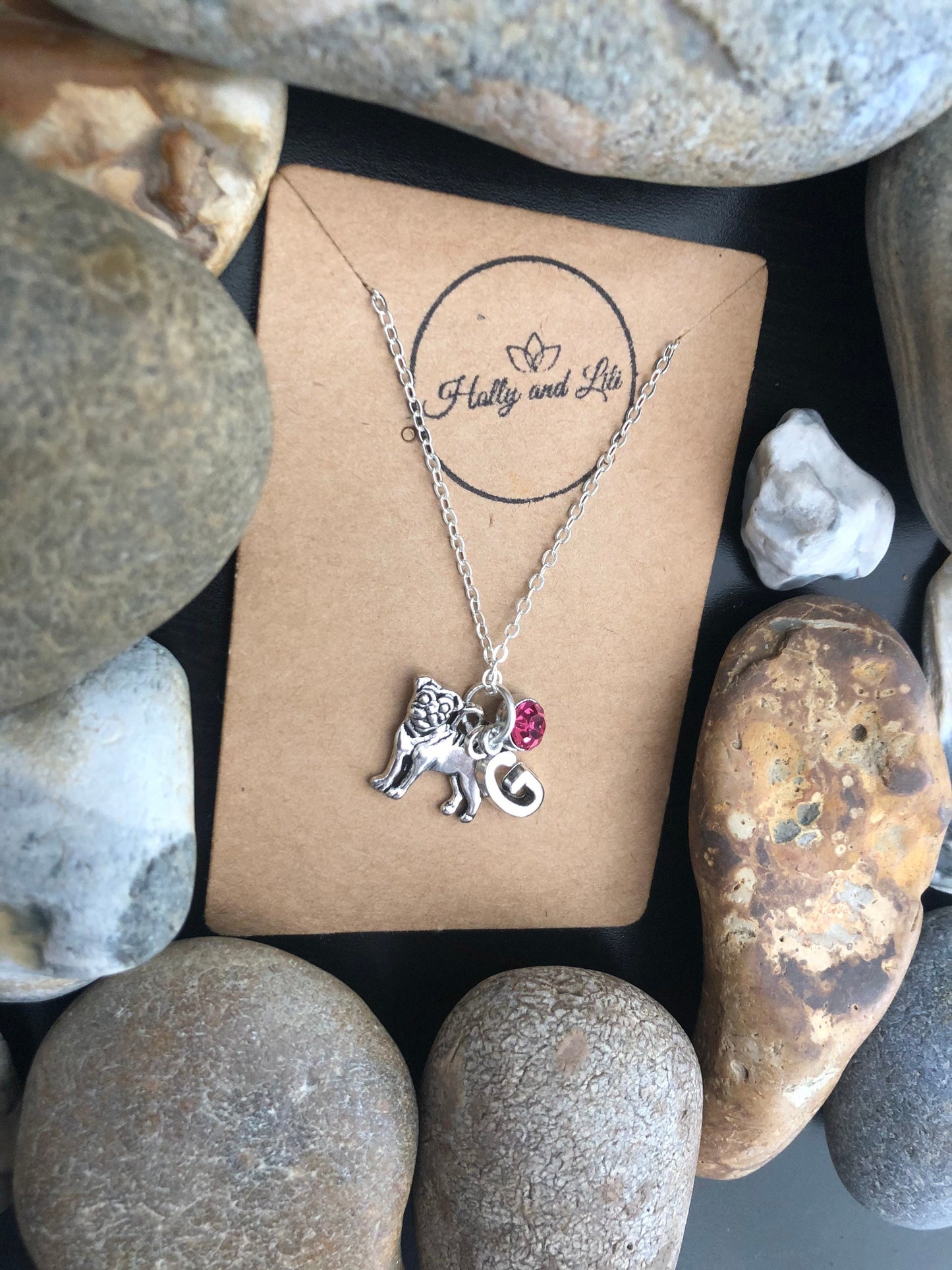 Pug Personalised Pendant Dog Charm Necklace, Alphabet Initials,  Birthstone Charm, Dogs, BBF, Pet Lover, Dog Lovers, Canine Cute Unique Gift