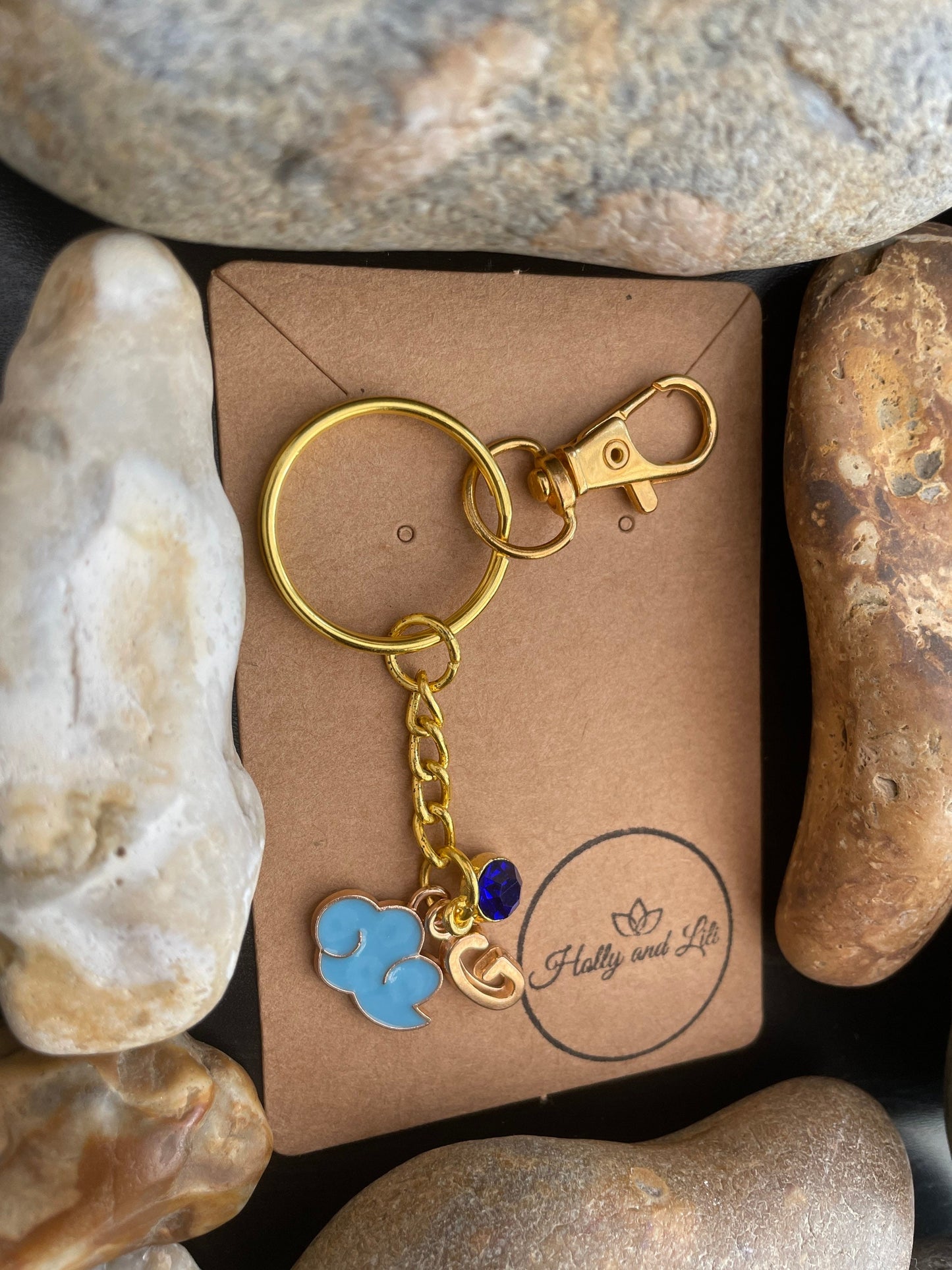 Cloud Style Blue Personalised Weather Gold Keyring, Blue Clouds Keychain, Alphabet Initials Zipper Chain,  Birthstone Charm Keyrings For Her