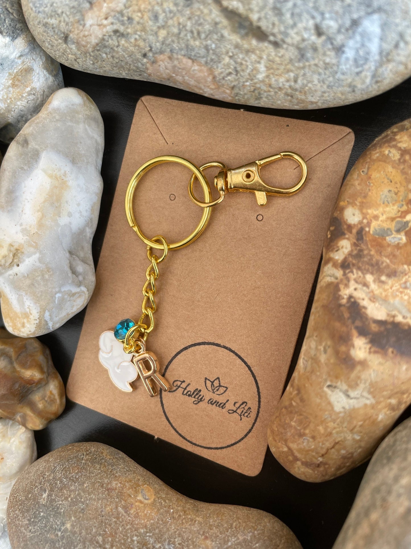 Cloud Style White Personalised Gold Keyring, Clouds Keychain, Zipper Chains, Weather Keyring, Alphabet Initials Keychain, Birthstone Charm