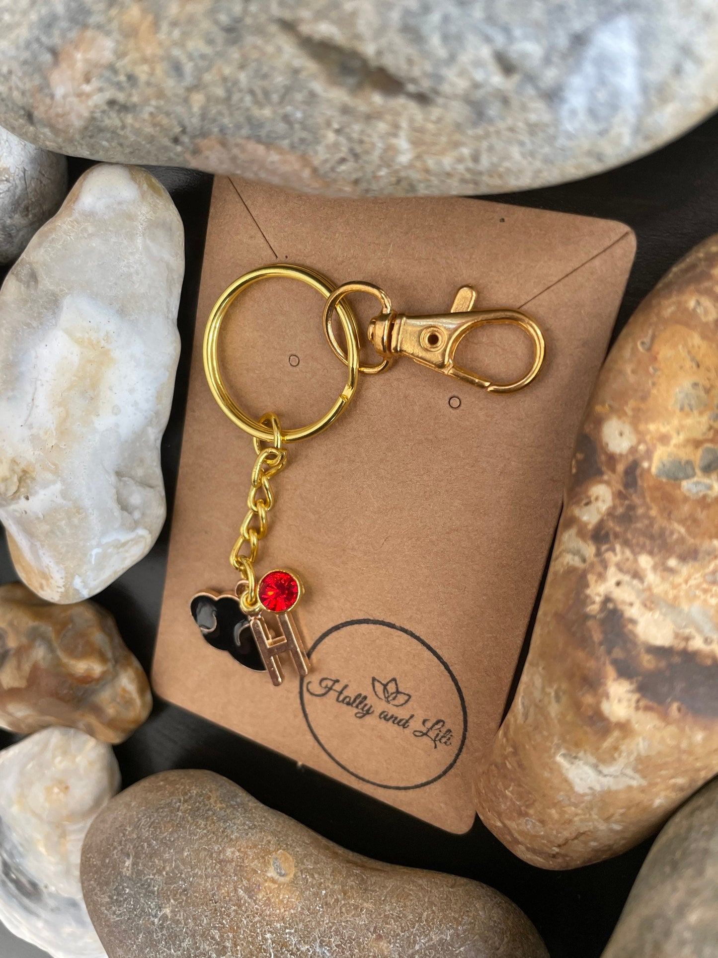 Cloud Style Black Personalised Gold Keyring, Black clouds Keychain, Alphabet Initials, Birthstone Charm, Cloudy Keyrings, Clouded Keychain