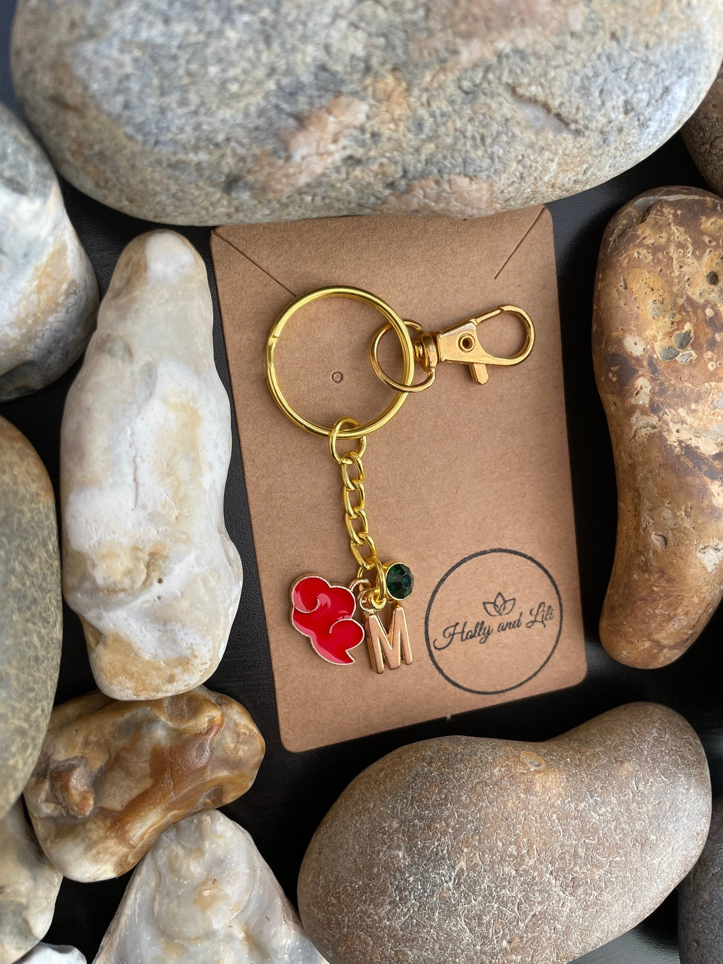 Cloud Style Red Personalised Gold Keyring, Red Clouds Keychain, Alphabet Initials, Birthstone Charm, Cloudy Zipper Chains , Weather Gifts