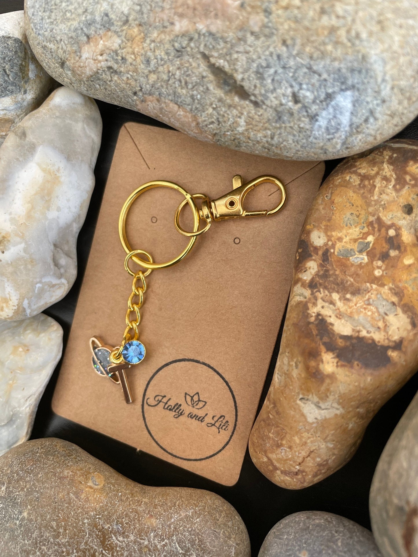 Planet Style Grey Blue Personalised Gold Keyring, Galaxy Keychain, Gifts Out Of This World, Alphabet Initials, Birthstone Charm, Gifts For