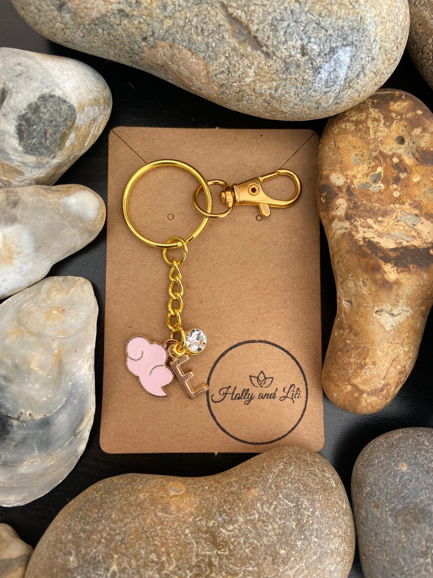 Cloud Style Pink Personalised Gold Keyring, Clouds Keychain, Alphabet Initials, Birthstone Charm, Pink Clouds, Cloudy Zipper Chain Gifts For