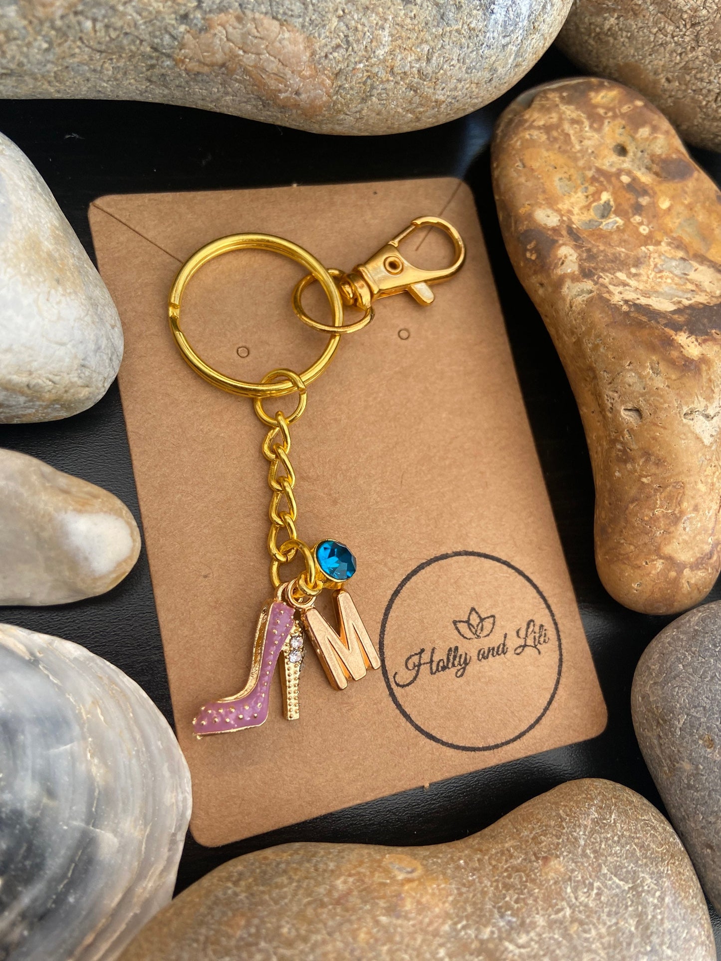 High Heel Shoes Style Purple Personalised Gold Keyring, Stiletto Keychain, Alphabet Initials, Birthstone Charm, Heels Zipper Chain Gifts