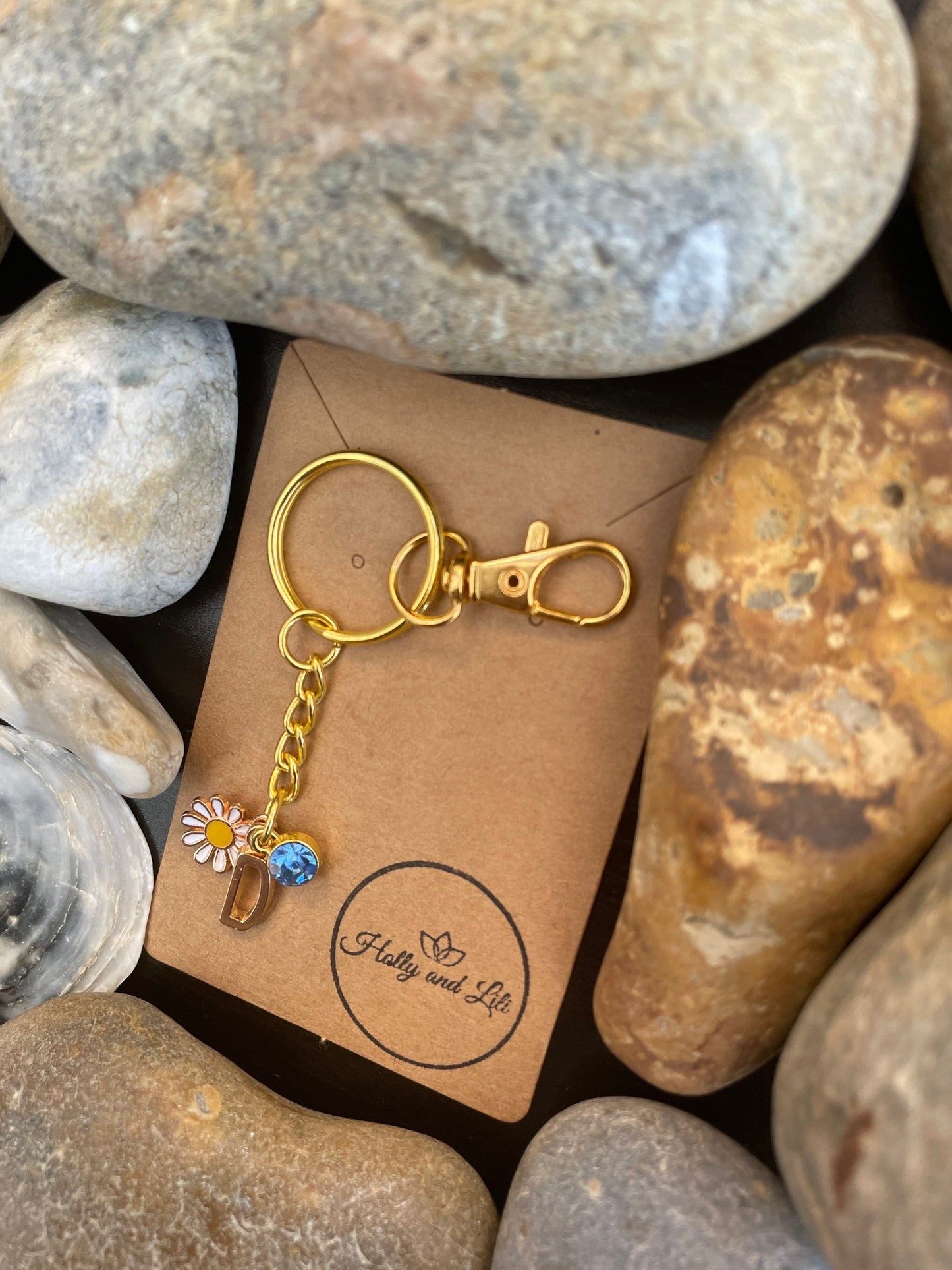 Daisy Flower Style Personalised Gold Keyring, Daisie Keycchain, Alphabet Initials, Birthstone Charm, Initials Keyring, Flower Zipper Chain