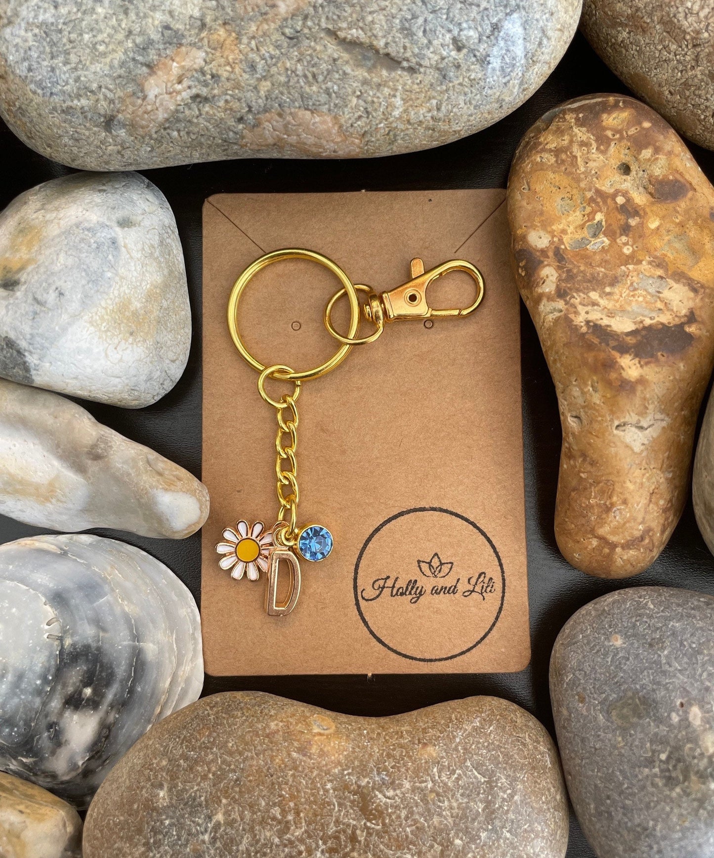 Daisy Flower Style Personalised Gold Keyring, Daisie Keycchain, Alphabet Initials, Birthstone Charm, Initials Keyring, Flower Zipper Chain