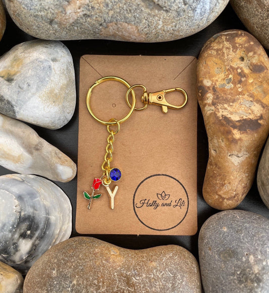 Rose Style Red Personalised Gold Keyring, Alphabet Initials Keychain, Birthstone Charm, initial Keyrings, Roses Zipper Chain, Red Roses Gift