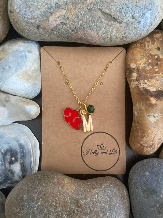 Cloud Red Style Personalised Pendant Charm Gold Necklace, Alphabet Initials, Birthstone Charm, Weather Charm, Clouds, Cute Unique Present