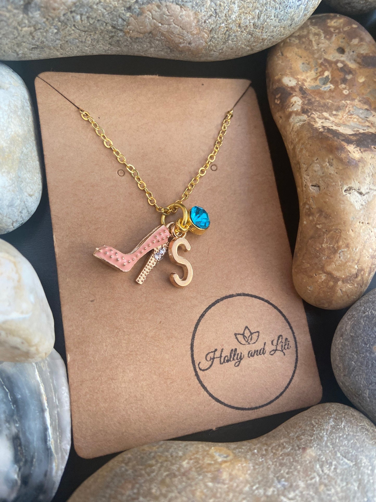 High Heel Pink Style Personalised Sparkly Pendant Charm Gold Necklace,  Alphabet Initials,  Birthstone Charm, Heels, High Boots, Glittery