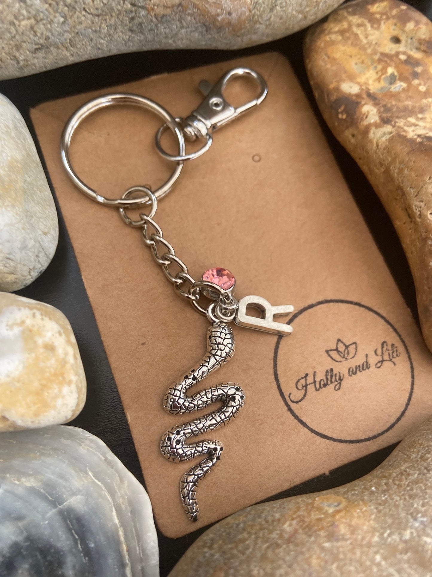 Snake Charm Personalised Keychain, Reptiles Keyring, Alphabetical Initial, Birthstone Charms, Silver Snake Zipper Chain, Initial Keyring