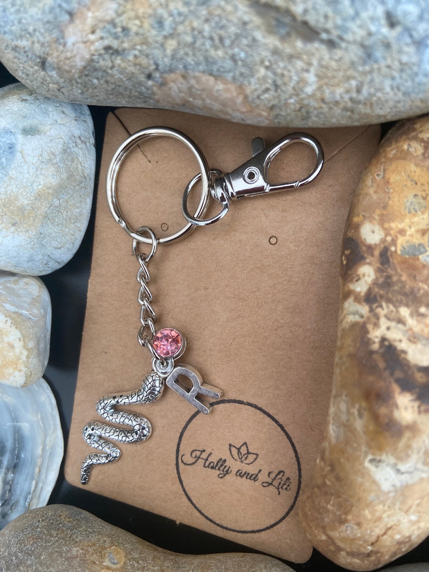 Snake Charm Personalised Keychain, Reptiles Keyring, Alphabetical Initial, Birthstone Charms, Silver Snake Zipper Chain, Initial Keyring