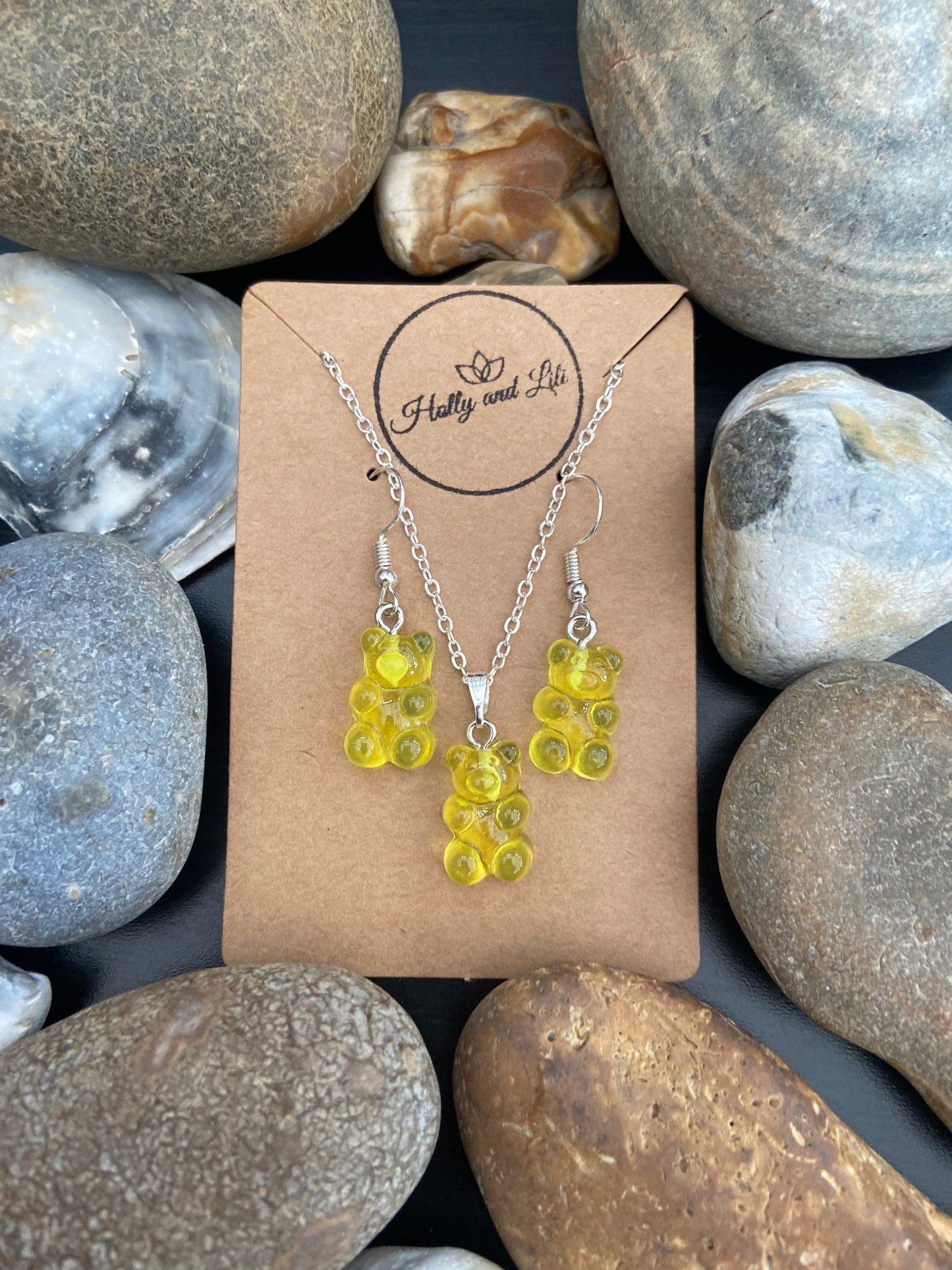 Gummy Bear Novelty Matching Necklace & Earring Set In Yellow, gummy Necklace Set, Yellow Gummy Bear Earrings, Teddy Bear Jewellery Set, Bear