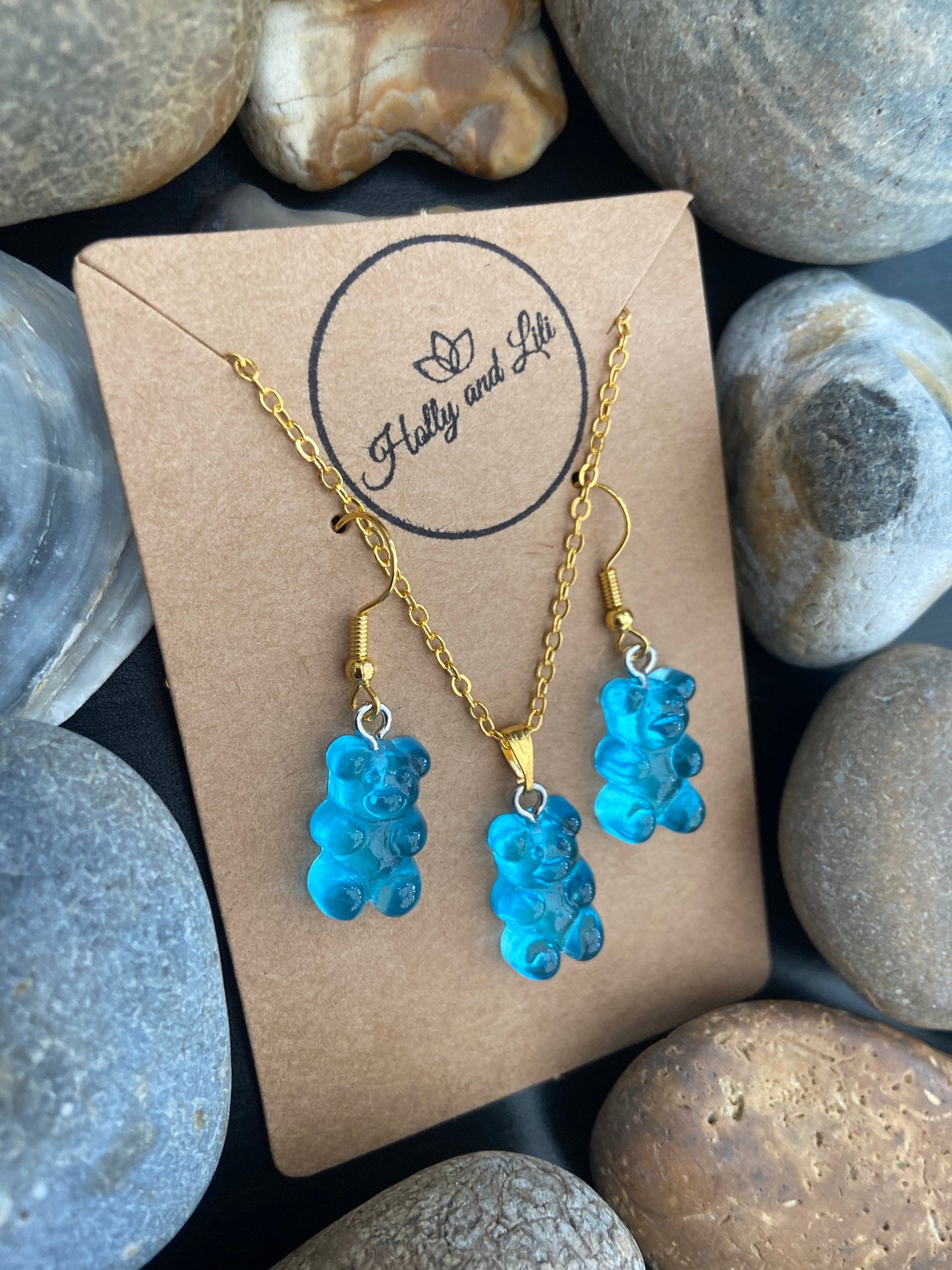 Gummy Bear Novelty Necklace & Earring Set in Blue, Blue Gummy Bear Earrings, Blue Teddy Bear Necklace, Bear Jewellery Set, Novelty Gift Set