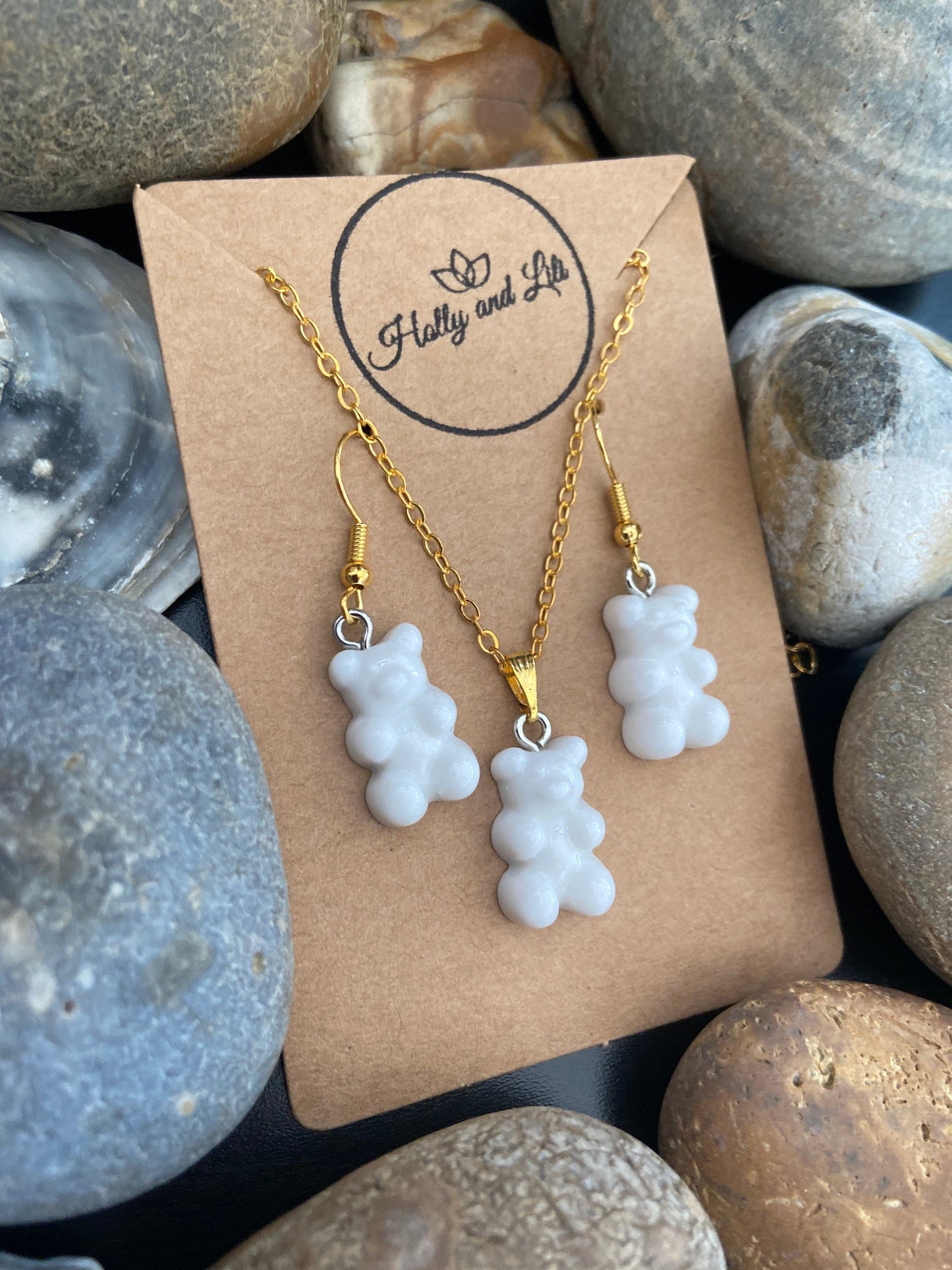 Gummy Bear Novelty Matching Necklace & Earring Set in White, Gummy Bear Necklace, Gummy Bear Earrings, White Gummy Bear Set, Teddy Bear Sets