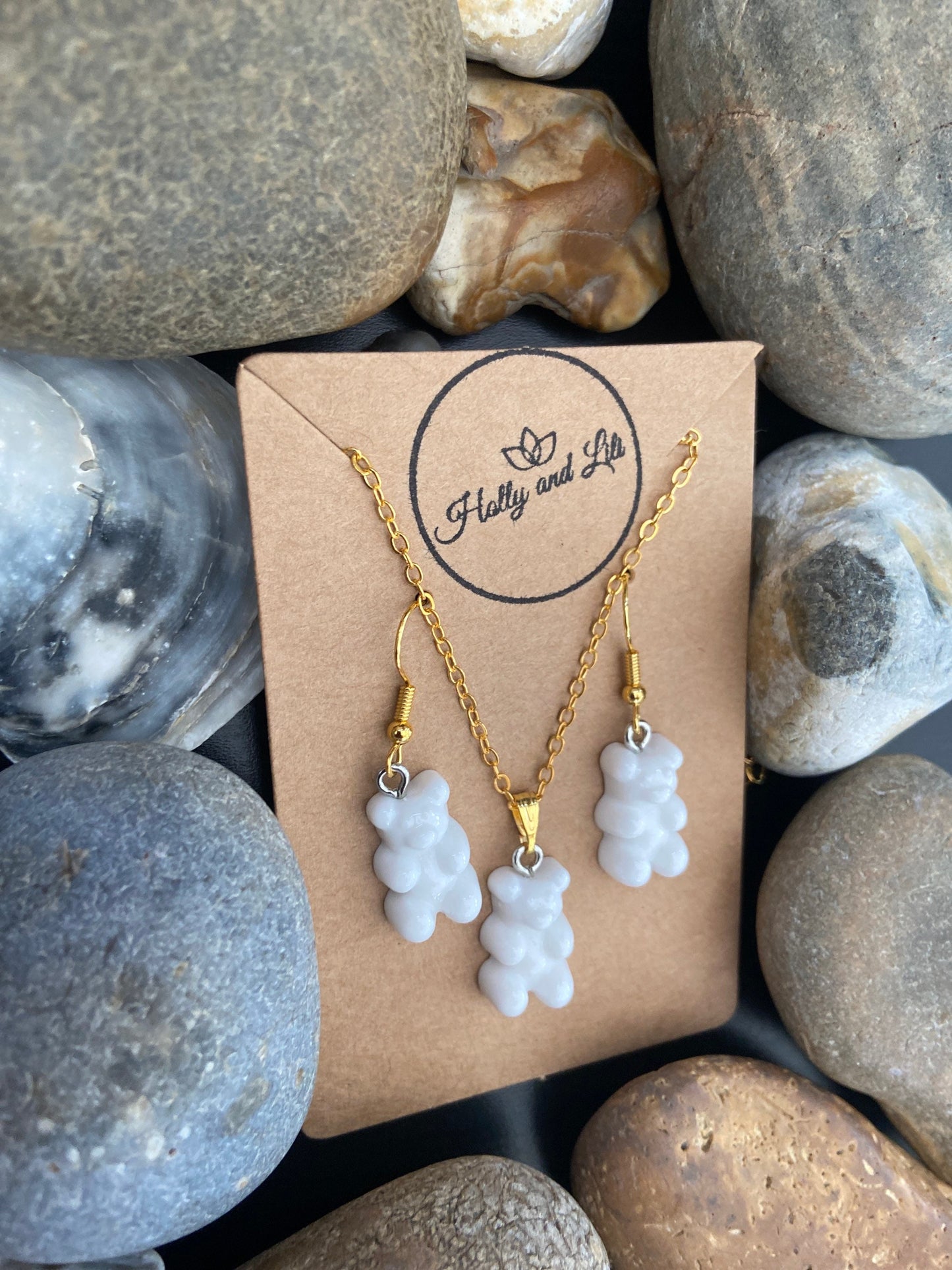 Gummy Bear Novelty Matching Necklace & Earring Set in White, Gummy Bear Necklace, Gummy Bear Earrings, White Gummy Bear Set, Teddy Bear Sets