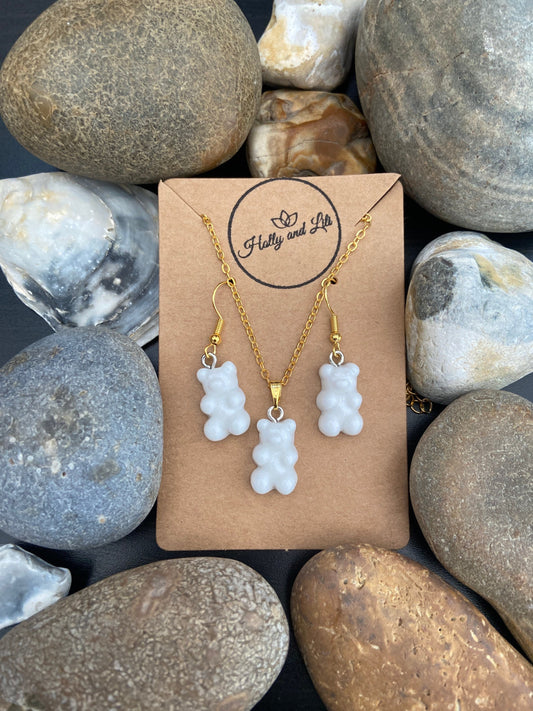 Gummy Bear Novelty Matching Necklace & Earring Set in White, Gummy Bear Necklace, Gummy Bear Earrings, White Gummy Bear Set, Teddy Bear Sets