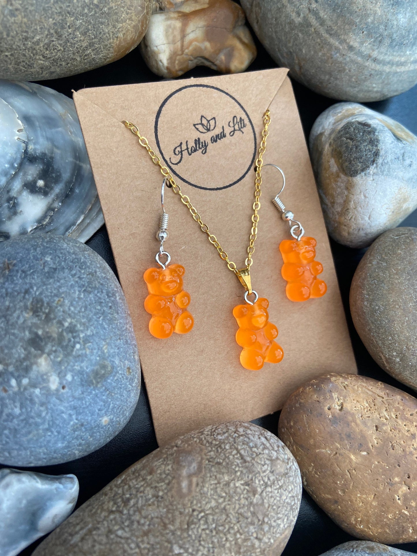 Gummy Bear Novelty Matching Necklace & Earring Set in Orange, Gummy Bear Necklaces, Orange Gummy Bear Earrings, Gummy Bear Hoops, Teddy Bear