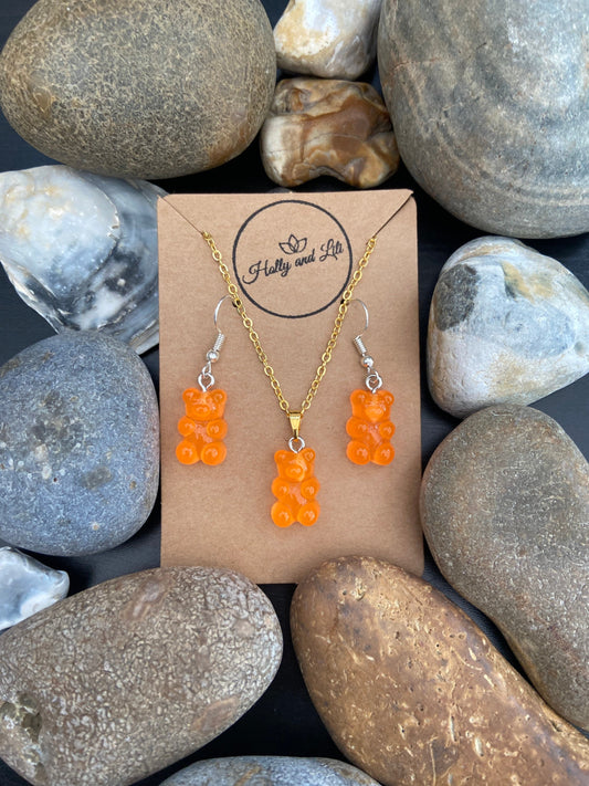 Gummy Bear Novelty Matching Necklace & Earring Set in Orange, Gummy Bear Necklaces, Orange Gummy Bear Earrings, Gummy Bear Hoops, Teddy Bear