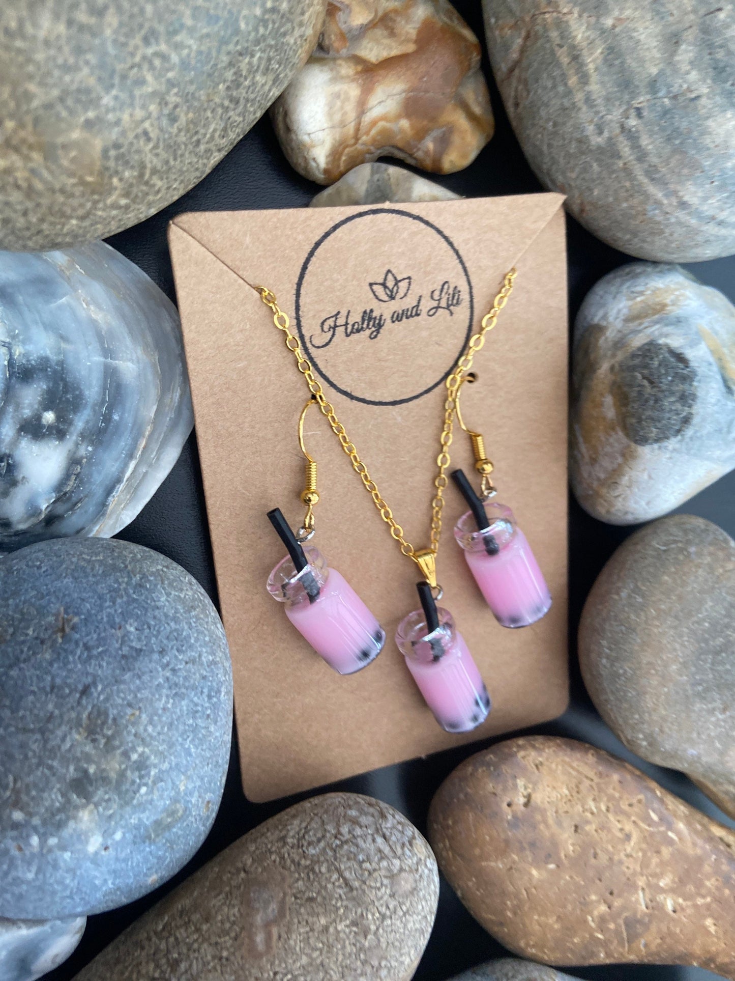 Bubble Tea Novelty Necklace & Earring Light pink colour Set, Boba Tea Set, Bubble Tea Earrings, Boba Necklace, Bubble Tea Gifts, Milk Tea